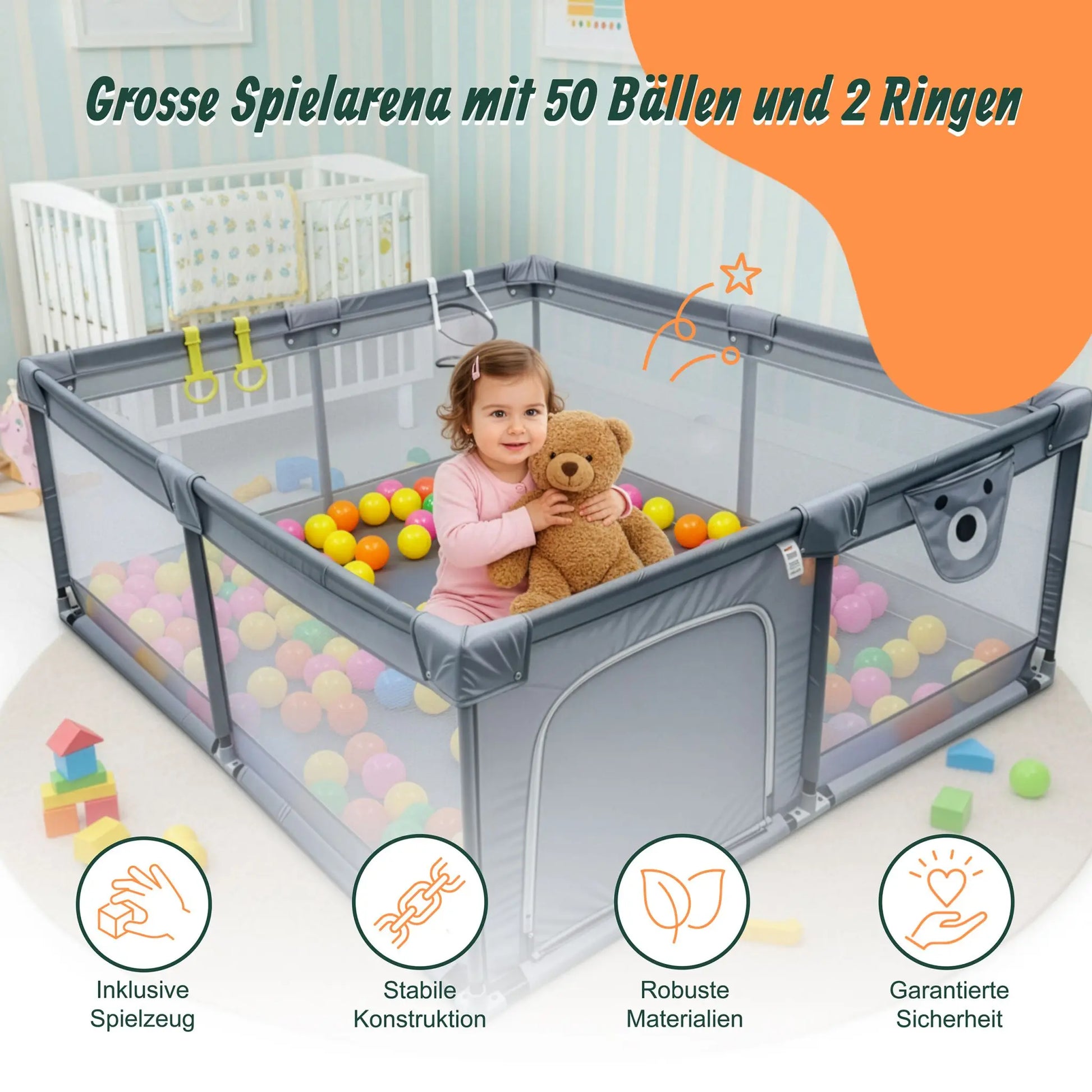 Laufstall Baby mit 50 Bällen Grau von Relaxdays