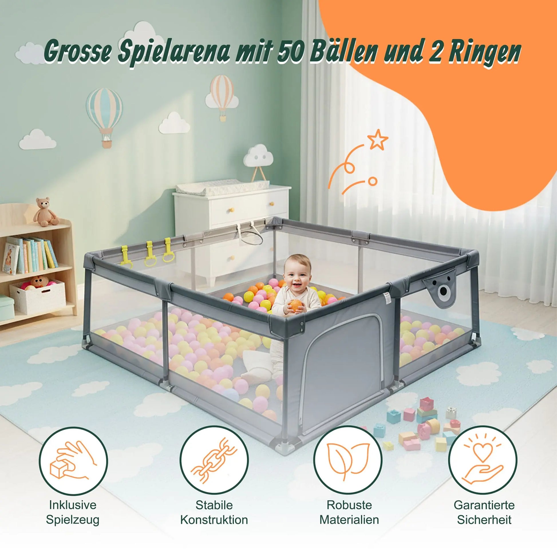 Laufstall Baby mit 50 Bällen Grau von Relaxdays