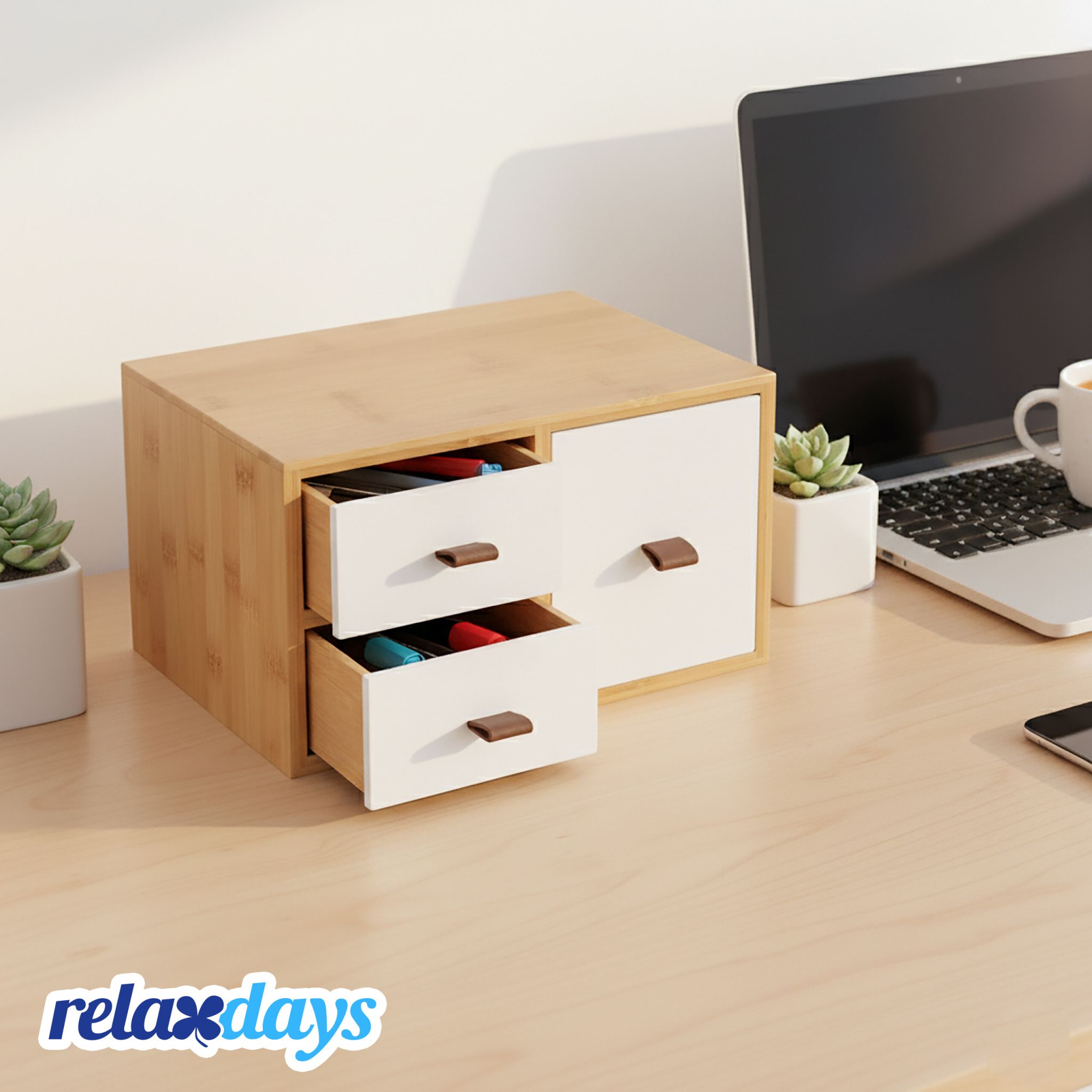 Schubladenbox Bambus mit Schlaufen Weiss-Braun-Hellbraun von Relaxdays