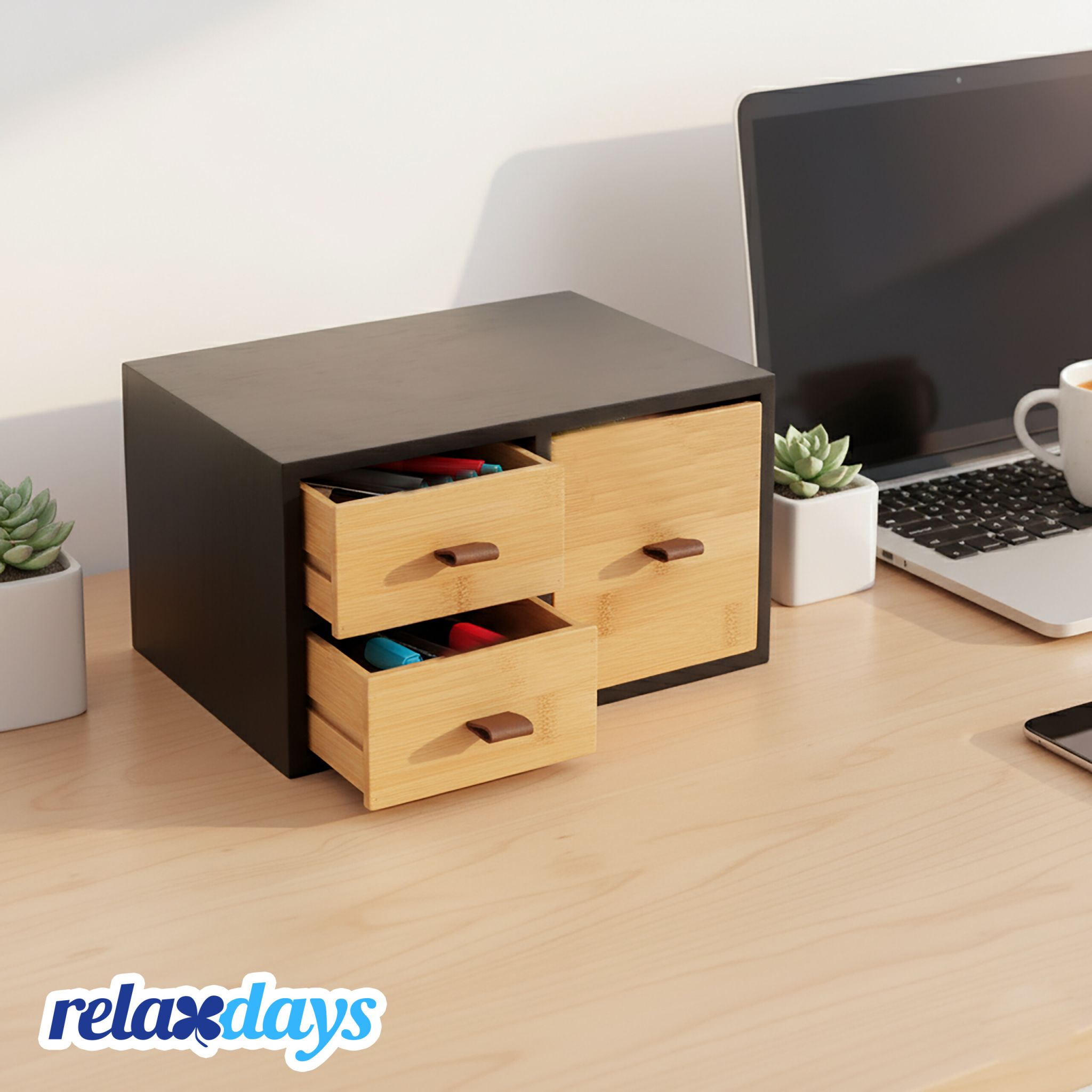 Schubladenbox Bambus mit Schlaufen Braun-Hellbraun-Schwarz von Relaxdays
