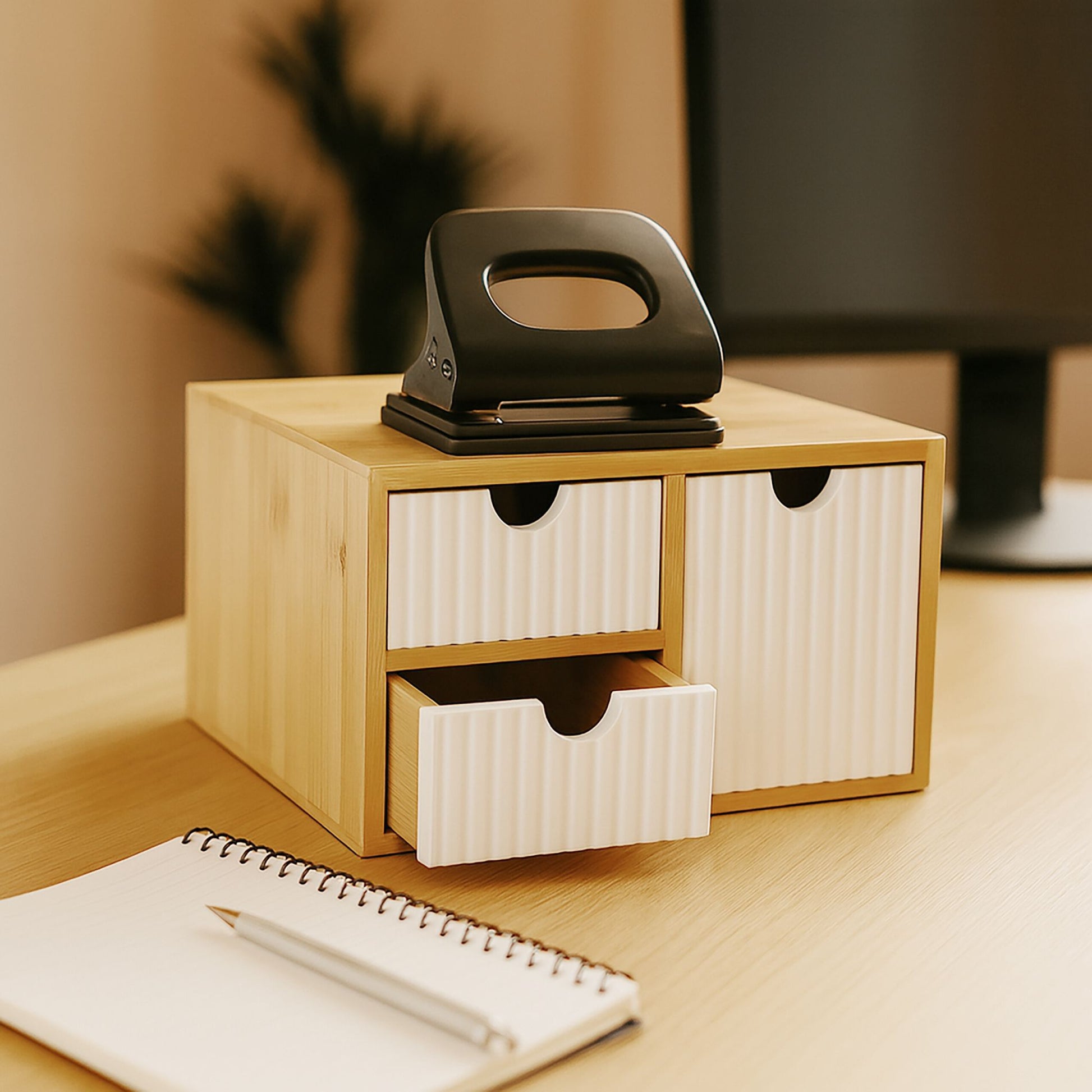 Schubladenbox Bambus geriffelt Weiss-Hellbraun von Relaxdays