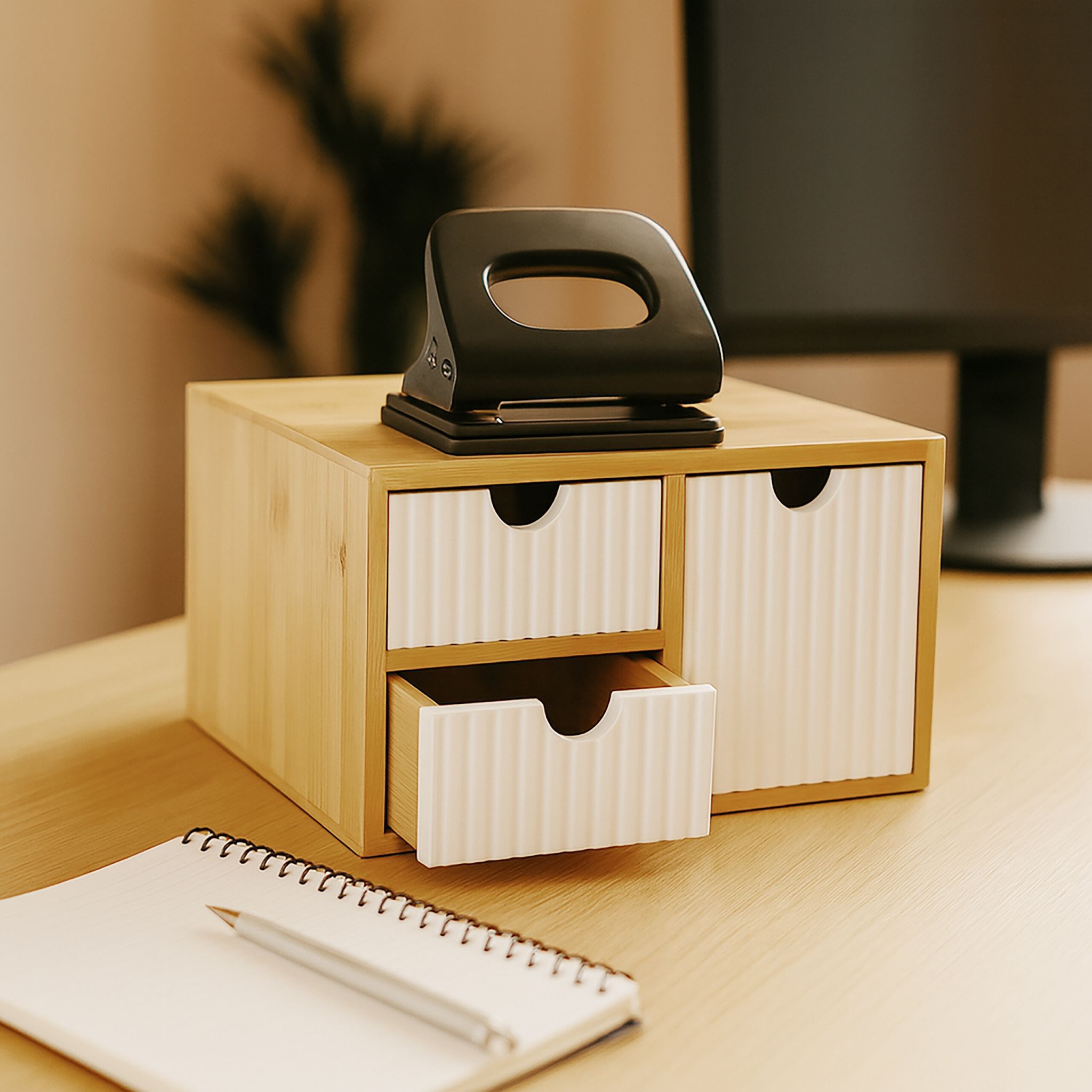 Schubladenbox Bambus geriffelt Weiss-Hellbraun von Relaxdays