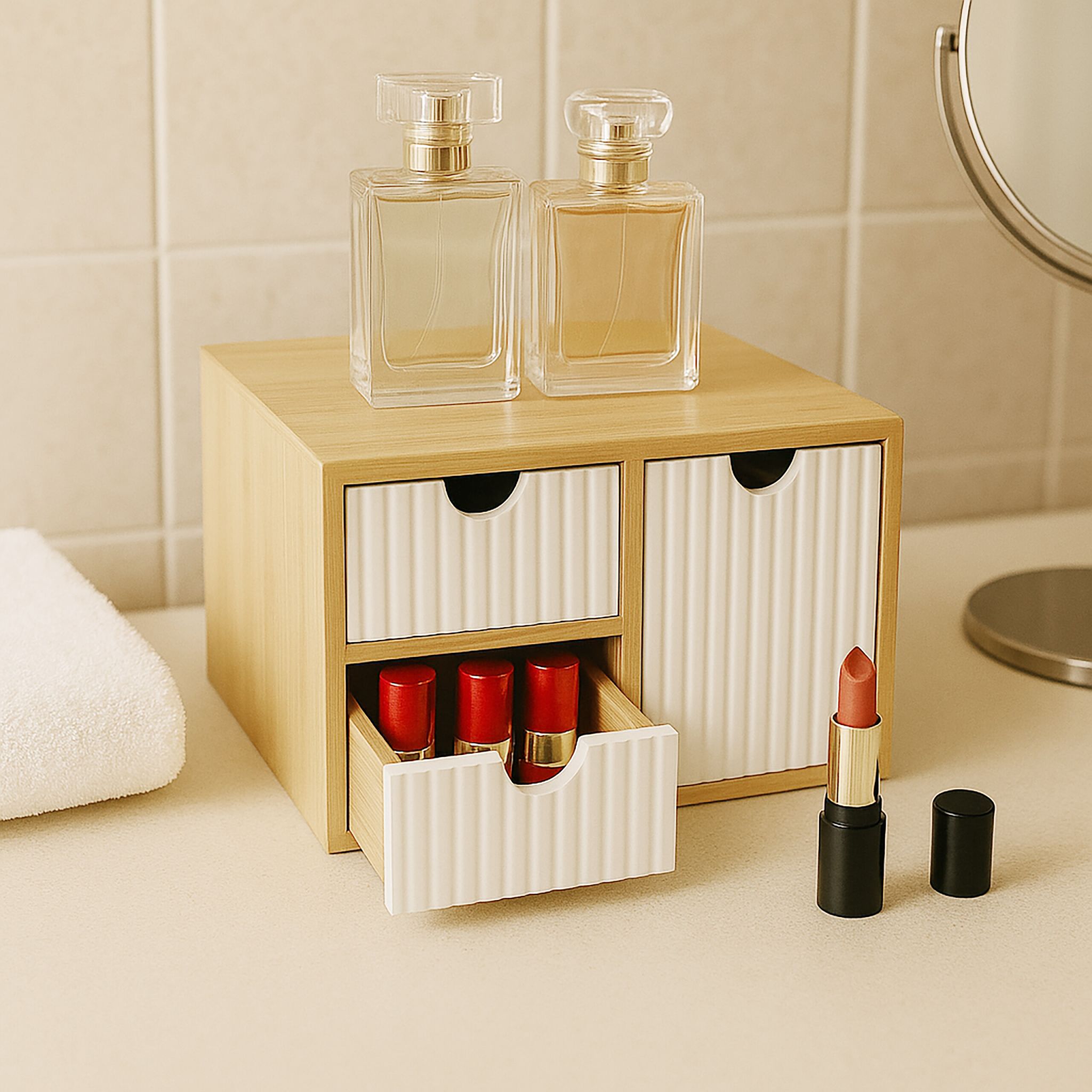 Schubladenbox Bambus geriffelt Weiss-Hellbraun von Relaxdays