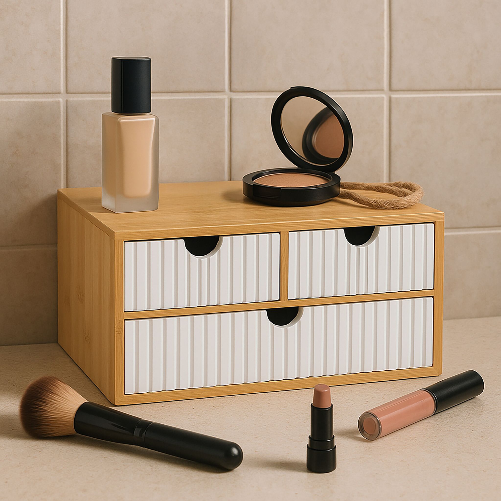 Schubladenbox Bambus geriffelt Weiss-Hellbraun-Rosa von Relaxdays