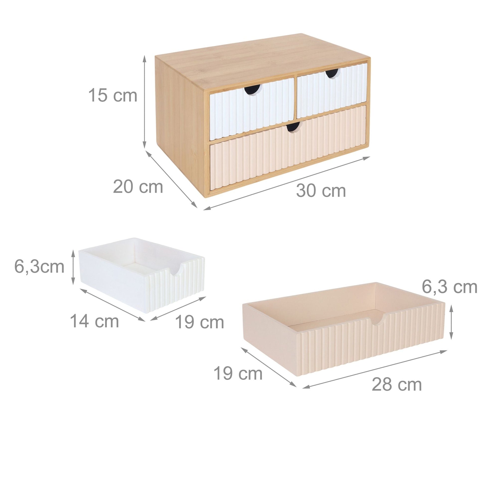 Schubladenbox Bambus geriffelt Weiss-Hellbraun-Rosa von Relaxdays