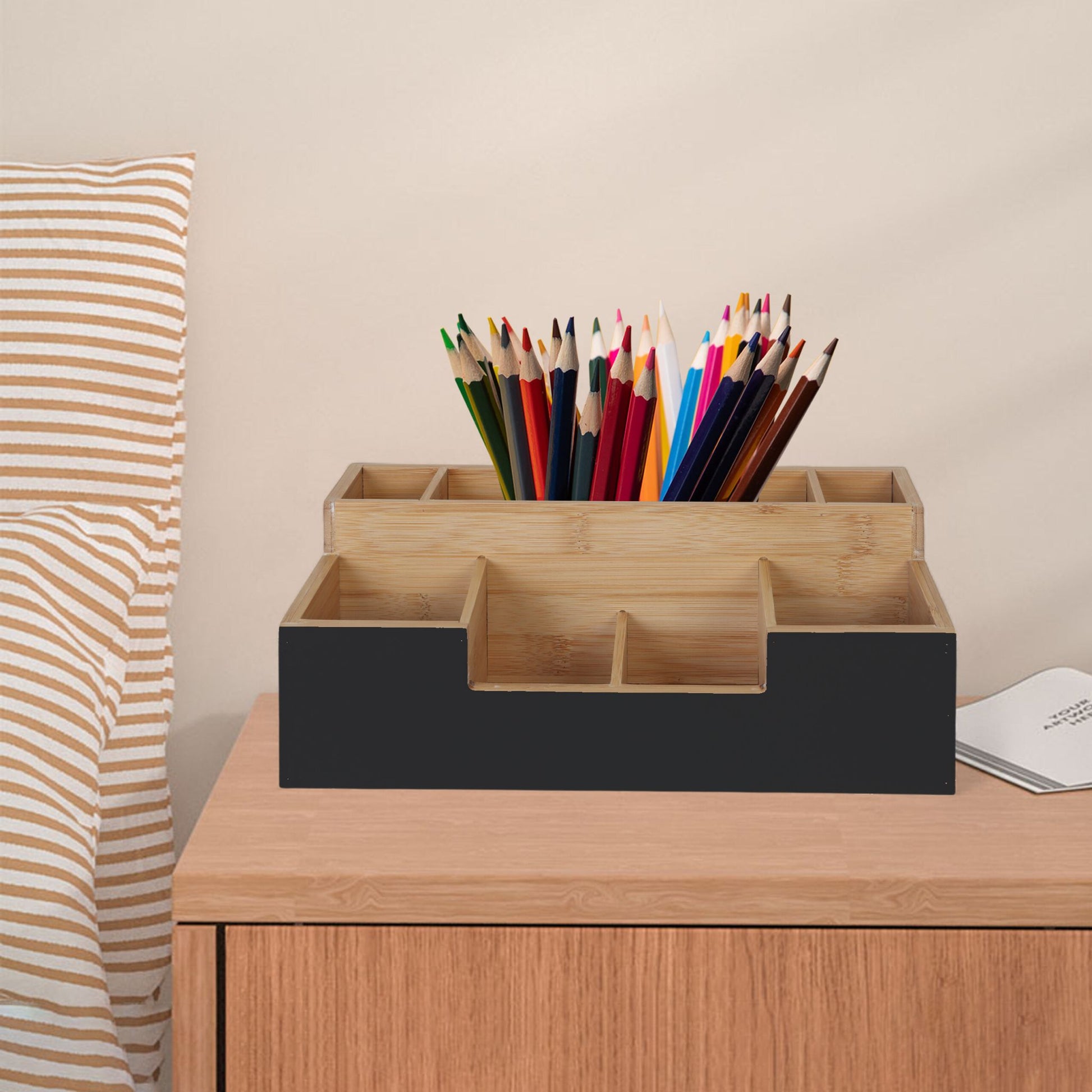 Schreibtisch Organizer Bambus 7 Fächer Hellbraun-Schwarz von Relaxdays