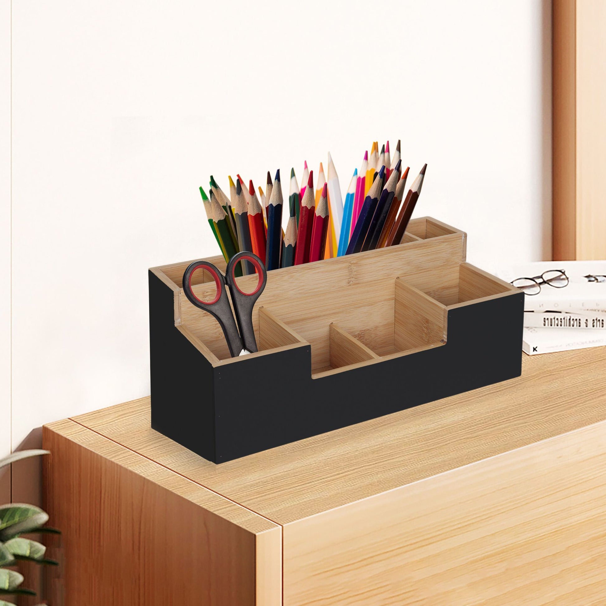 Schreibtisch Organizer Bambus 7 Fächer Hellbraun-Schwarz von Relaxdays