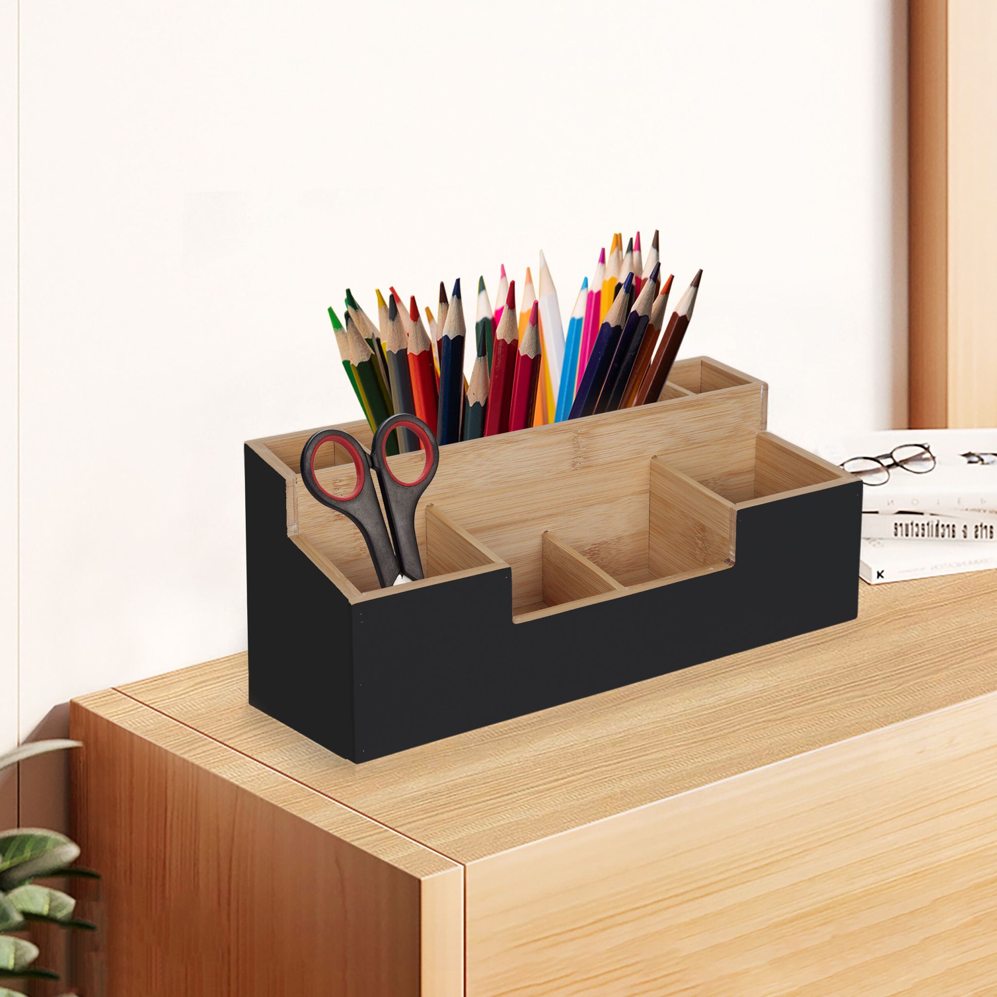 Schreibtisch Organizer Bambus 7 Fächer Hellbraun-Schwarz von Relaxdays