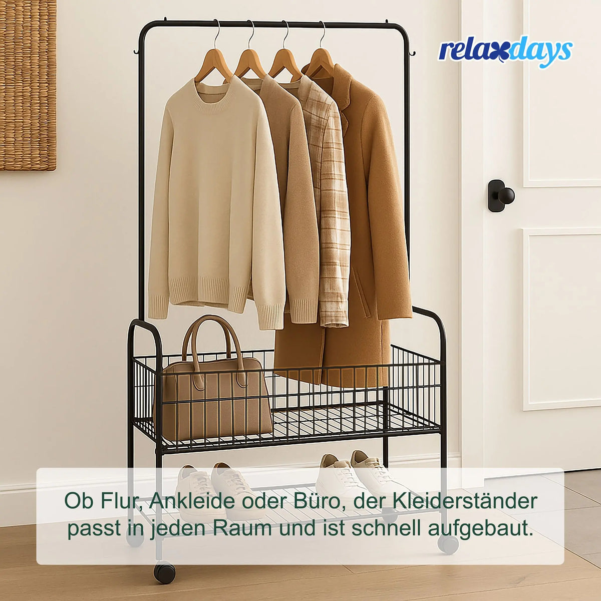 Rollbarer Kleiderständer mit 2 Ablagen Schwarz von Relaxdays