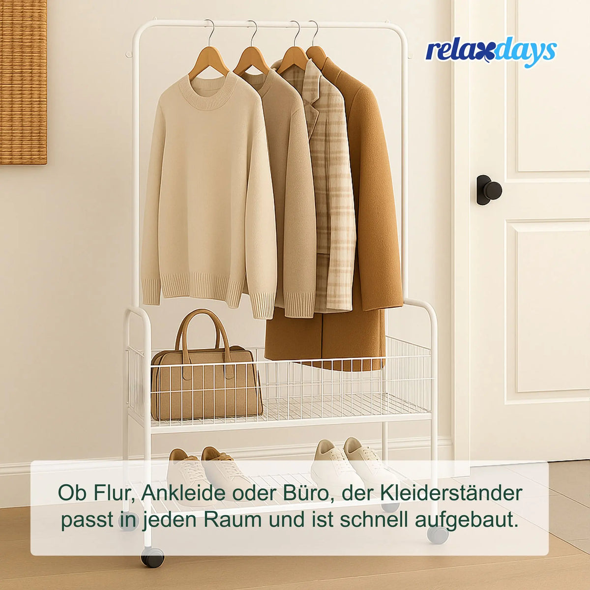 Rollbarer Kleiderständer mit 2 Ablagen Weiss von Relaxdays