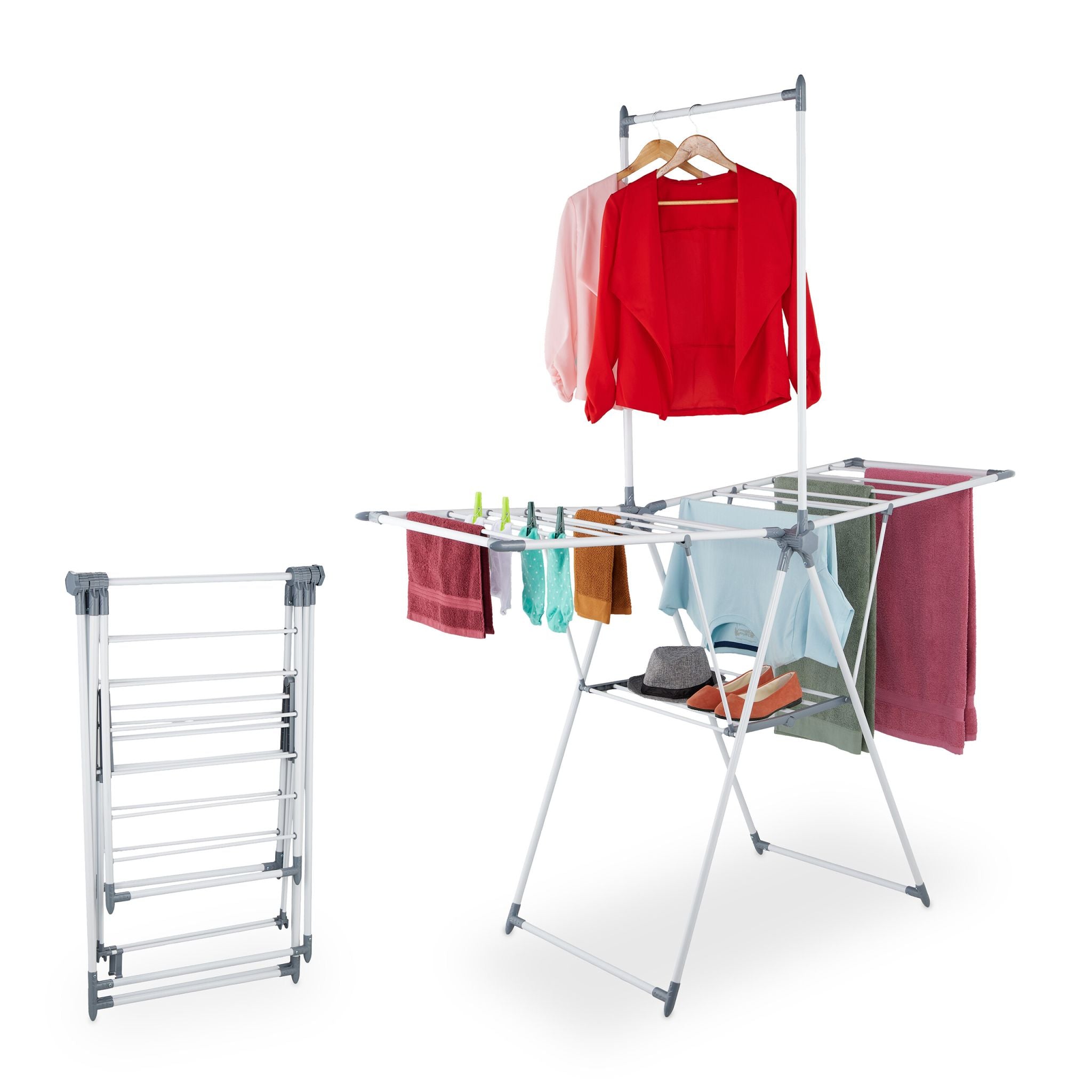 Flügelwäscheständer mit Kleiderstange Weiss-Grau von Relaxdays