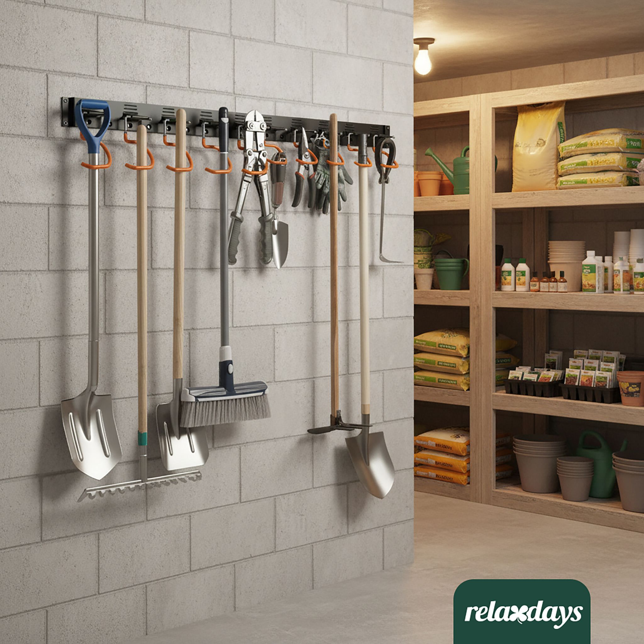 Gartengerätehalter Wand Orange-Schwarz-Silber von Relaxdays