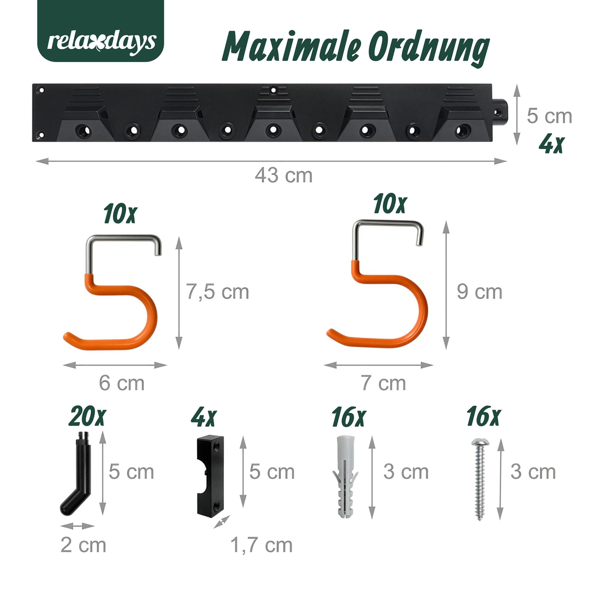Gartengerätehalter Wand Orange-Schwarz-Silber von Relaxdays