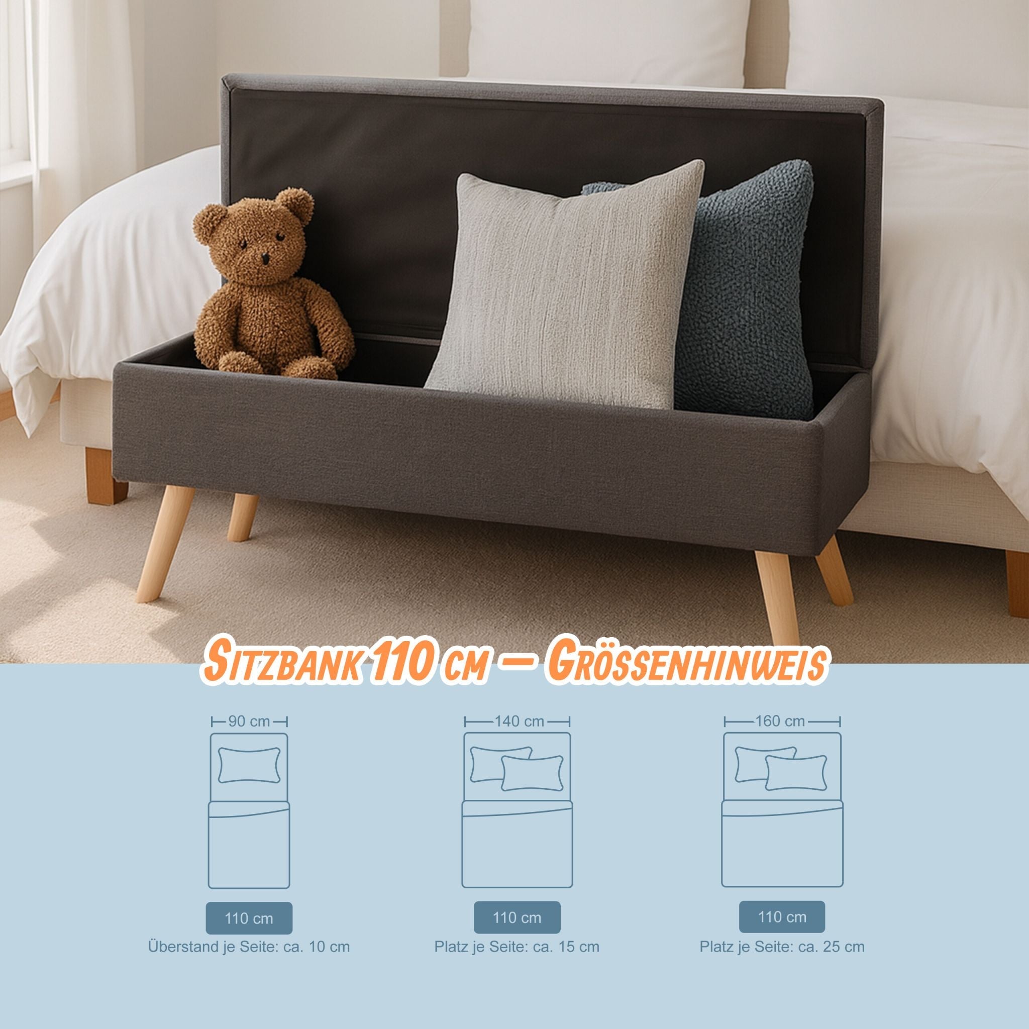 Sitzbank mit Stauraum Leinenoptik Hellbraun-Grau von Relaxdays