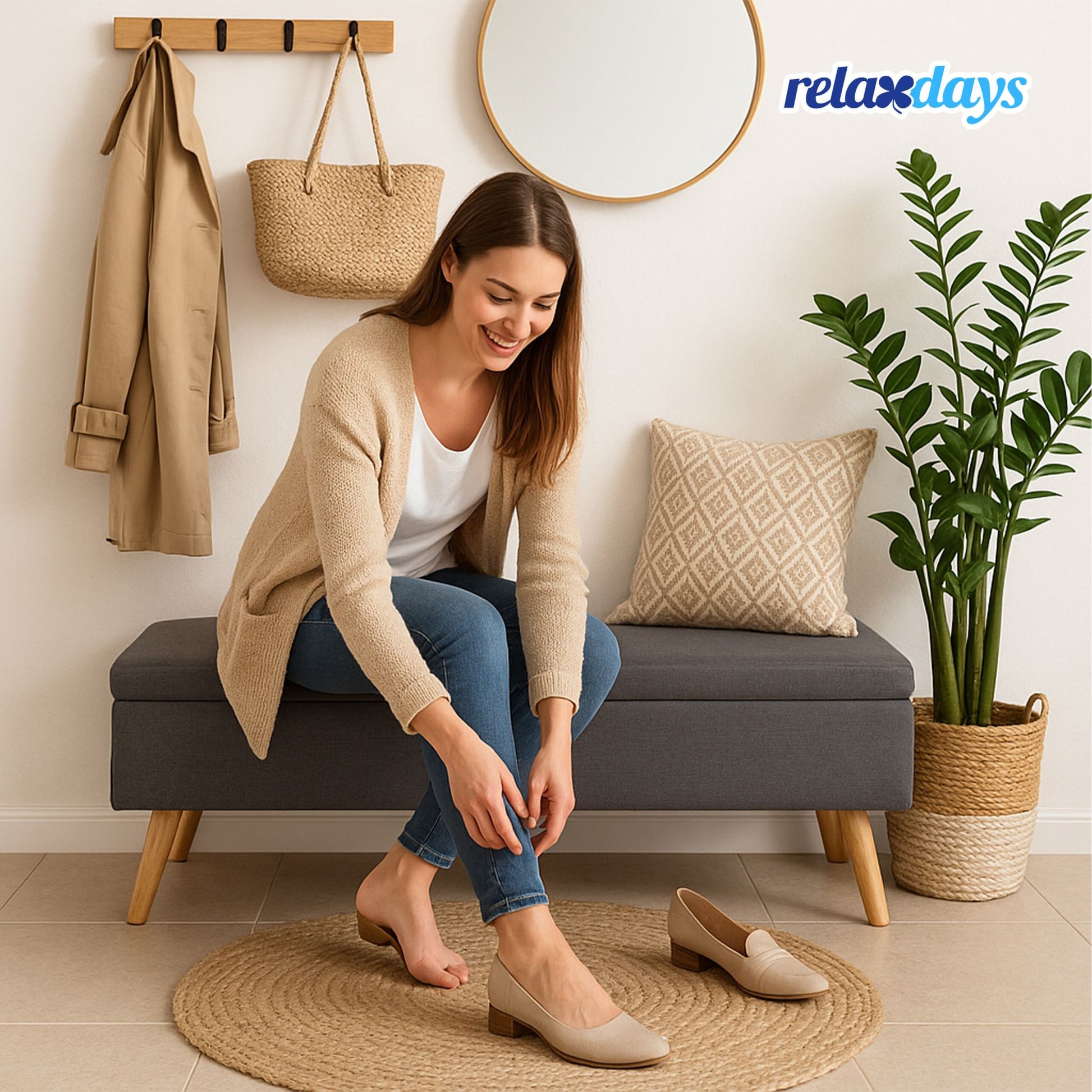 Sitzbank mit Stauraum Leinenoptik Hellbraun-Grau von Relaxdays