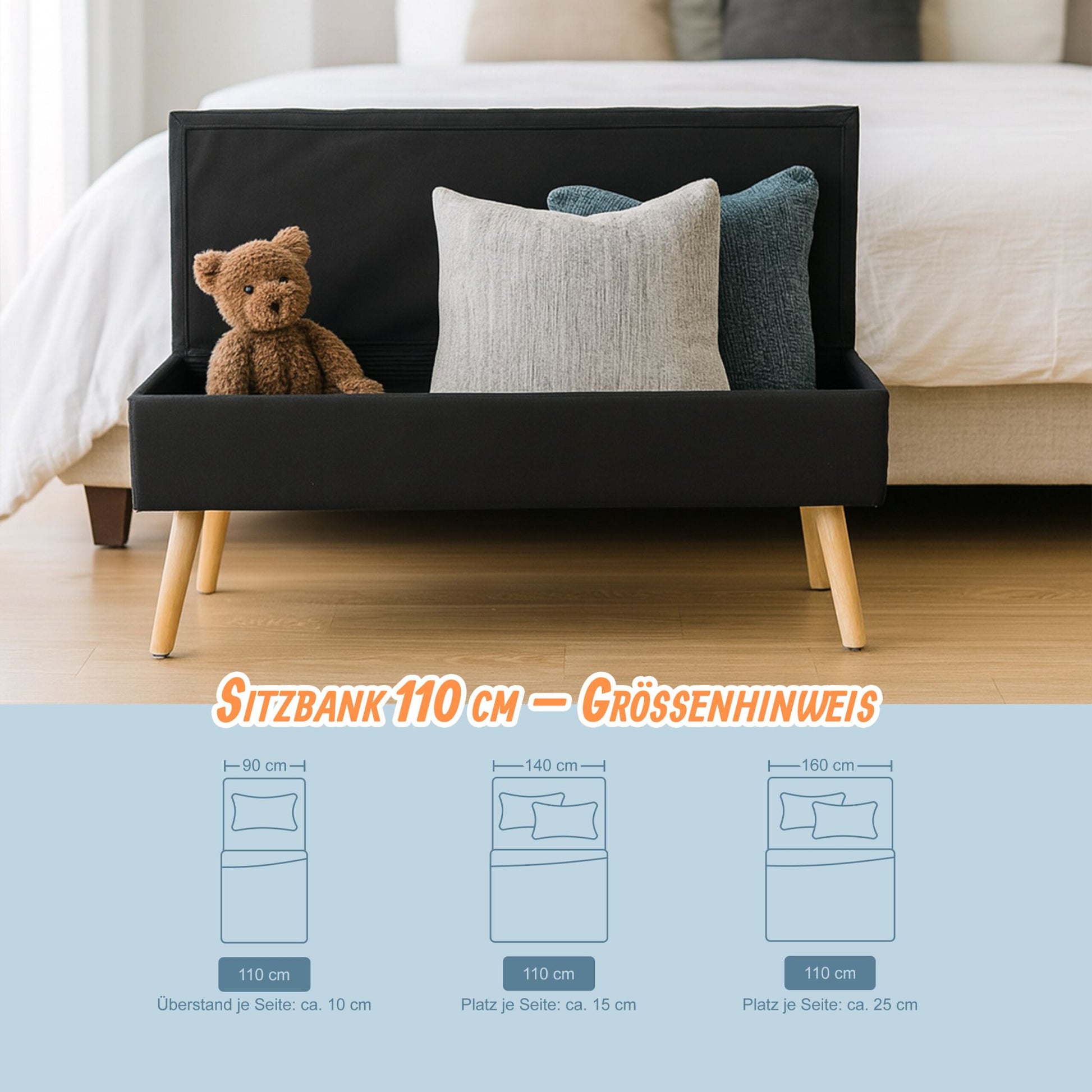 Sitzbank mit Stauraum Leinenoptik Hellbraun-Schwarz von Relaxdays