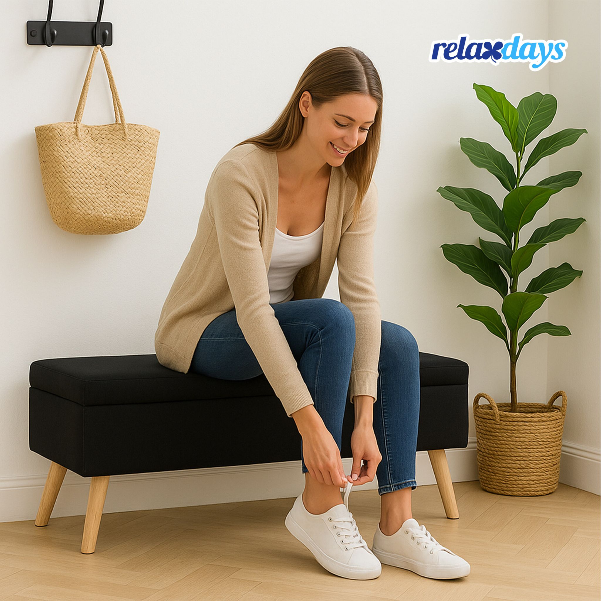 Sitzbank mit Stauraum Leinenoptik Hellbraun-Schwarz von Relaxdays