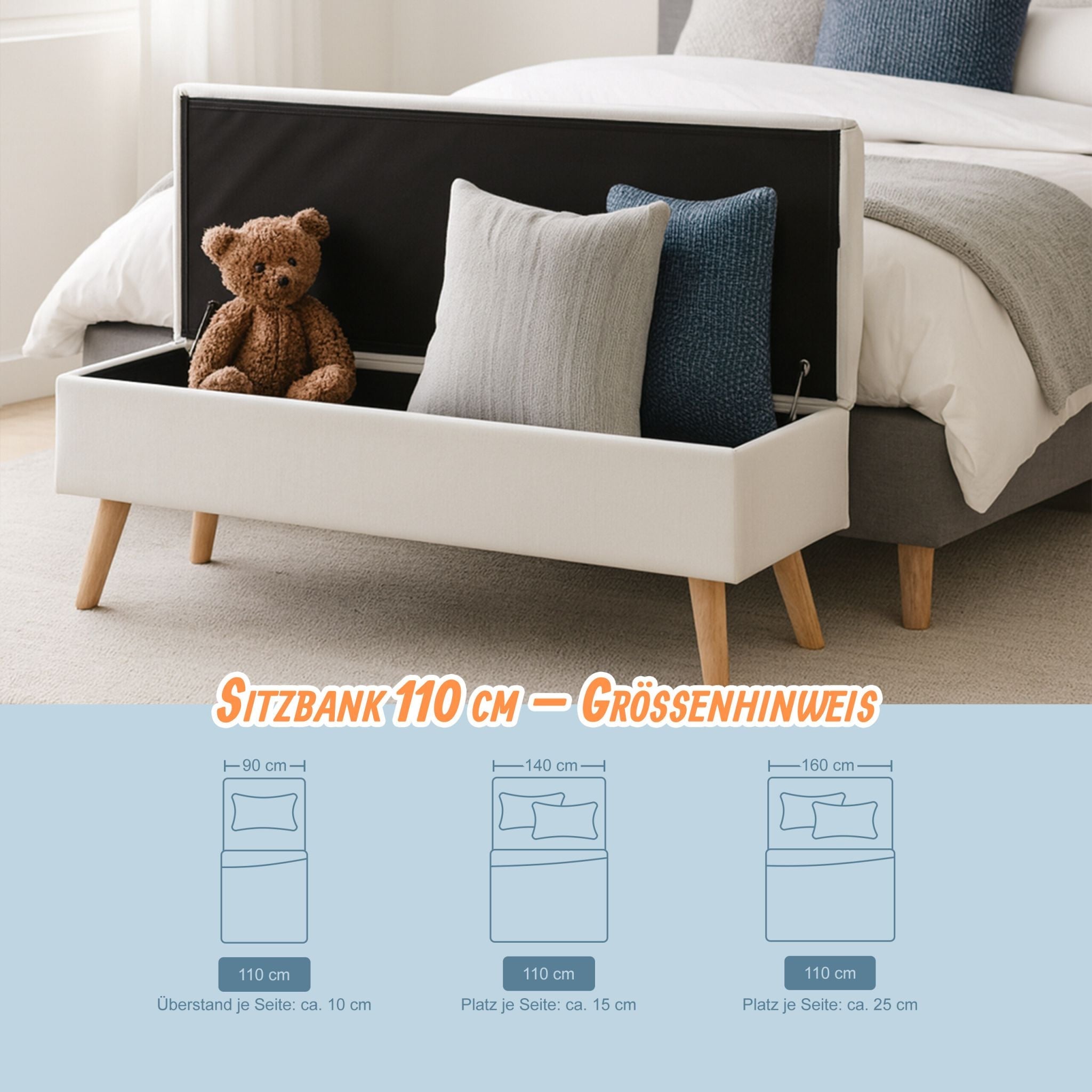 Sitzbank mit Stauraum Leinenoptik Weiss-Hellbraun von Relaxdays