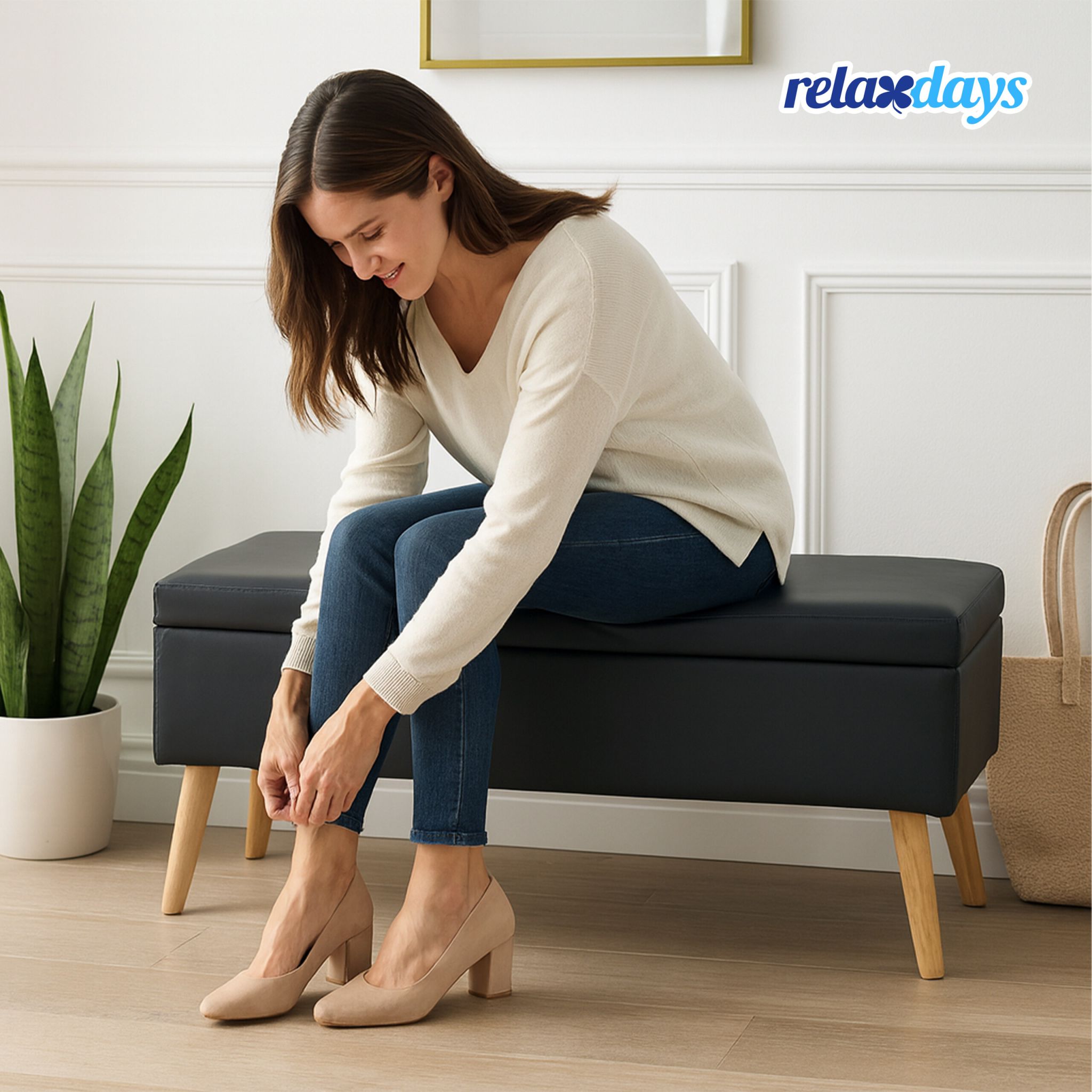 Sitzbank mit Stauraum Kunstleder Hellbraun-Schwarz von Relaxdays