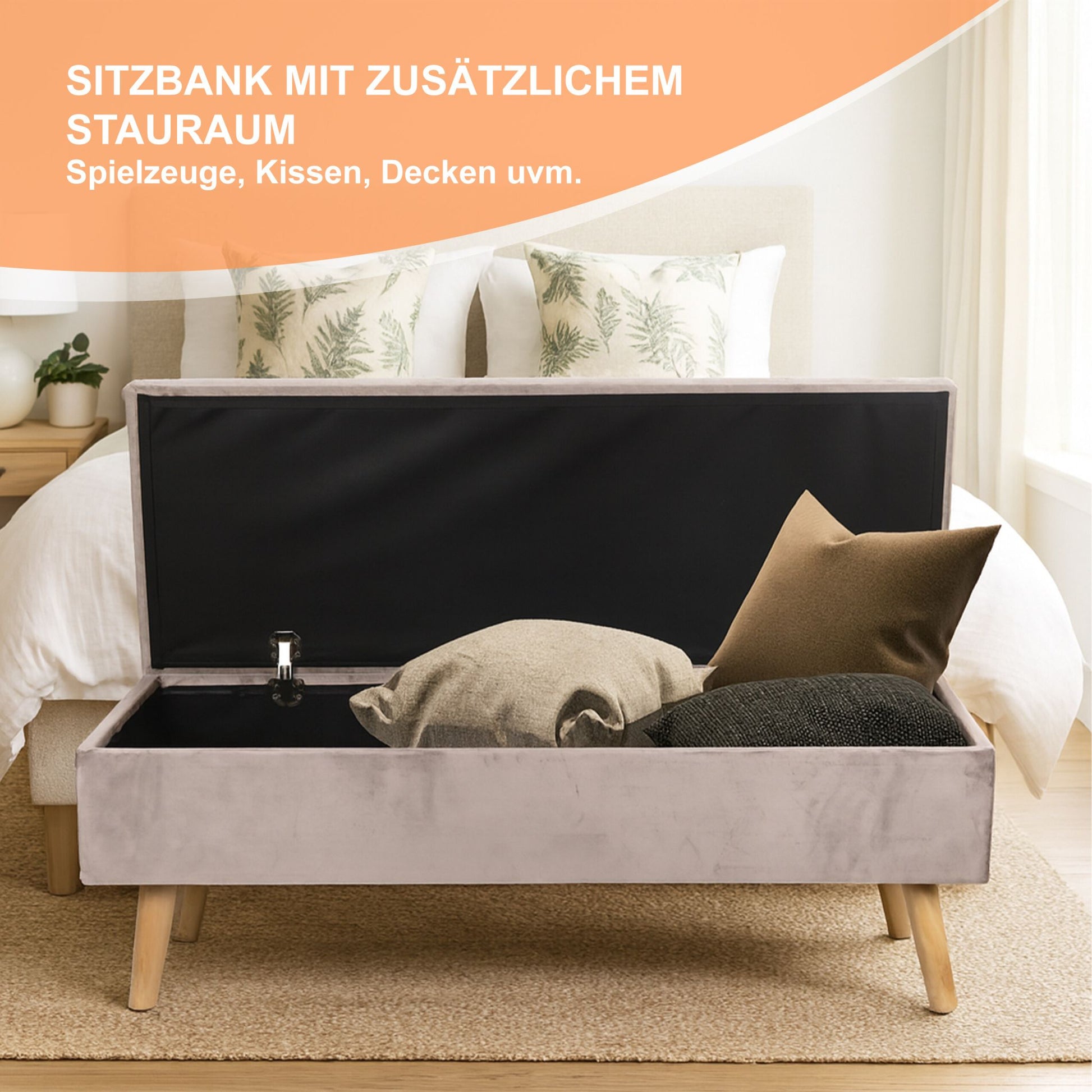Sitzbank Samt mit Stauraum Beige-Hellbraun von Relaxdays