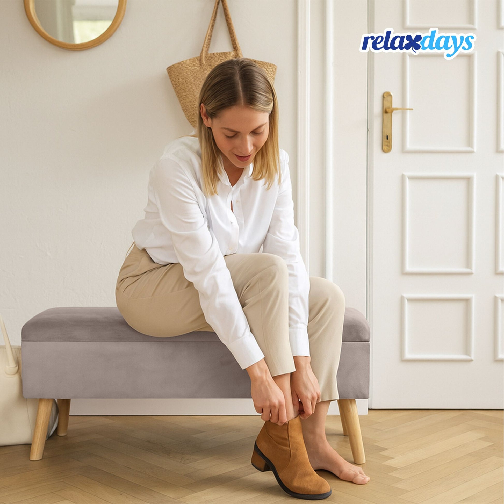 Sitzbank Samt mit Stauraum Beige-Hellbraun von Relaxdays