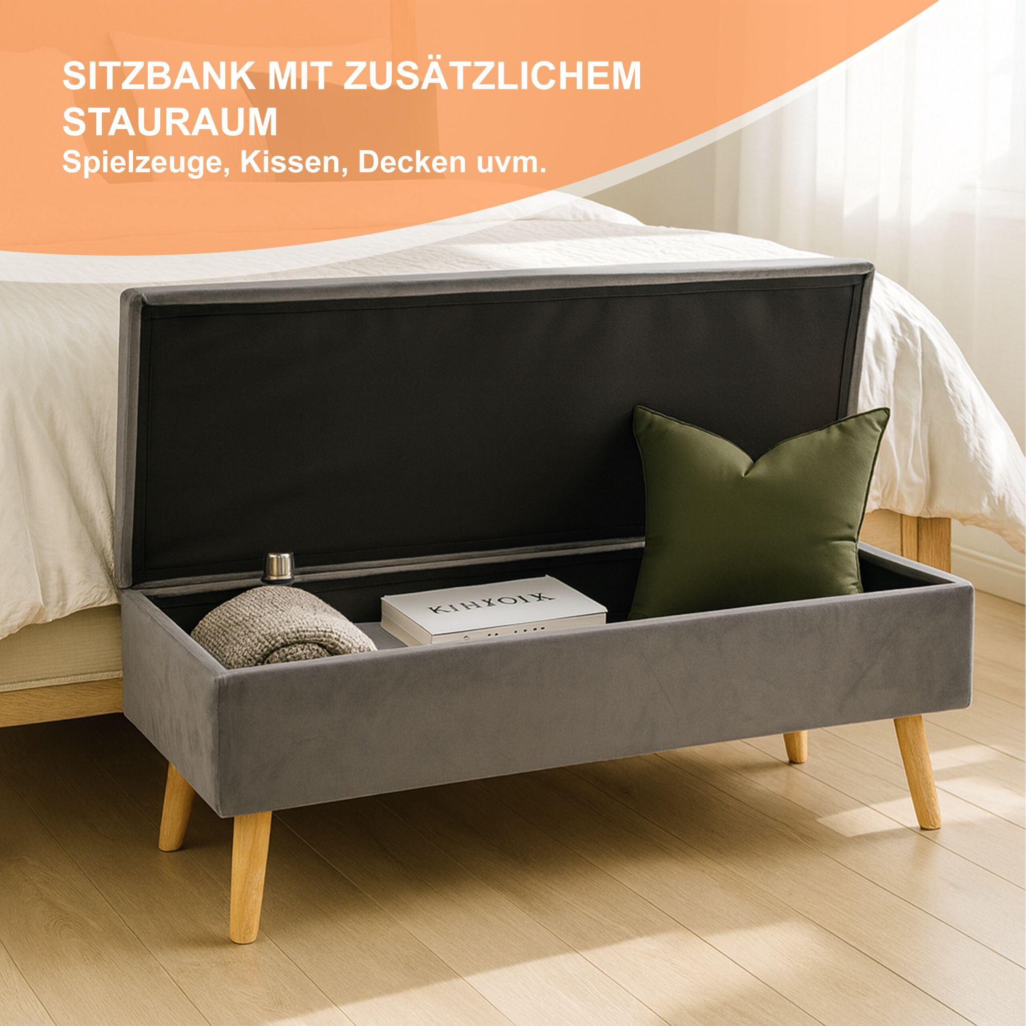 Sitzbank Samt mit Stauraum Hellbraun-Grau von Relaxdays