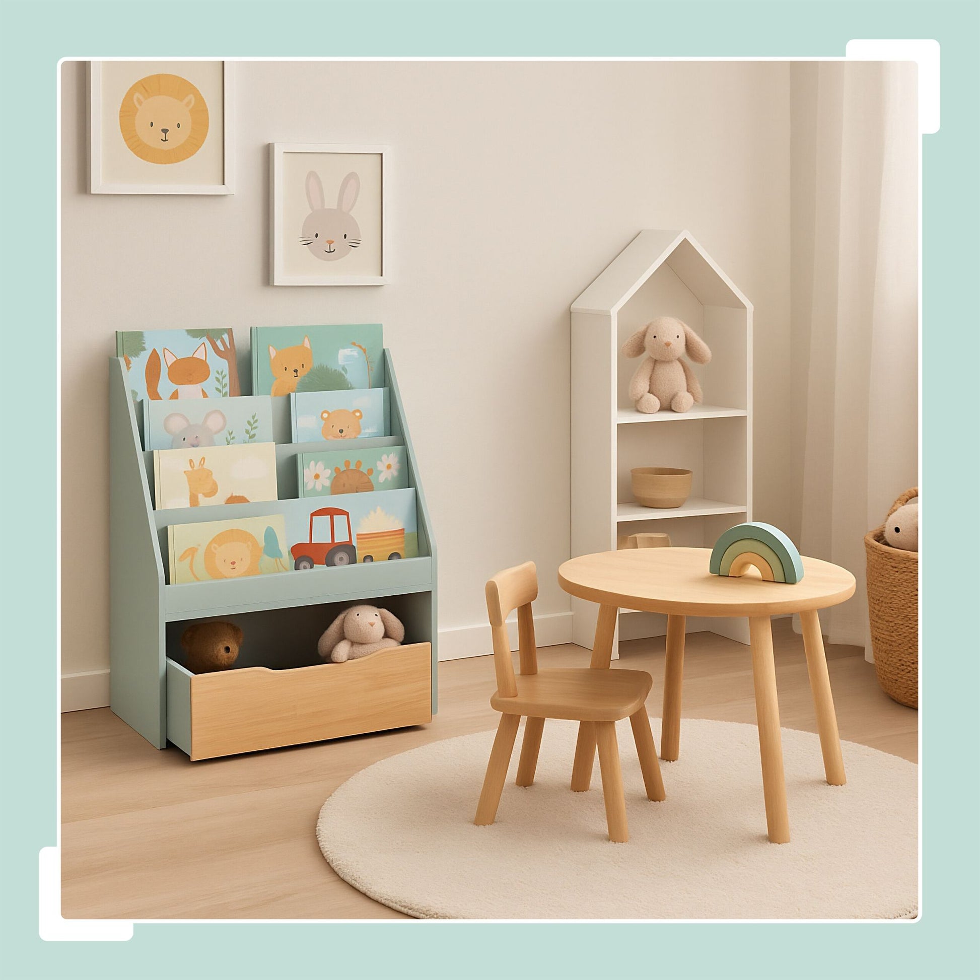Bücherregal Kinder mit Spielzeugkiste Hellbraun-Türkis von guteszeug.ch