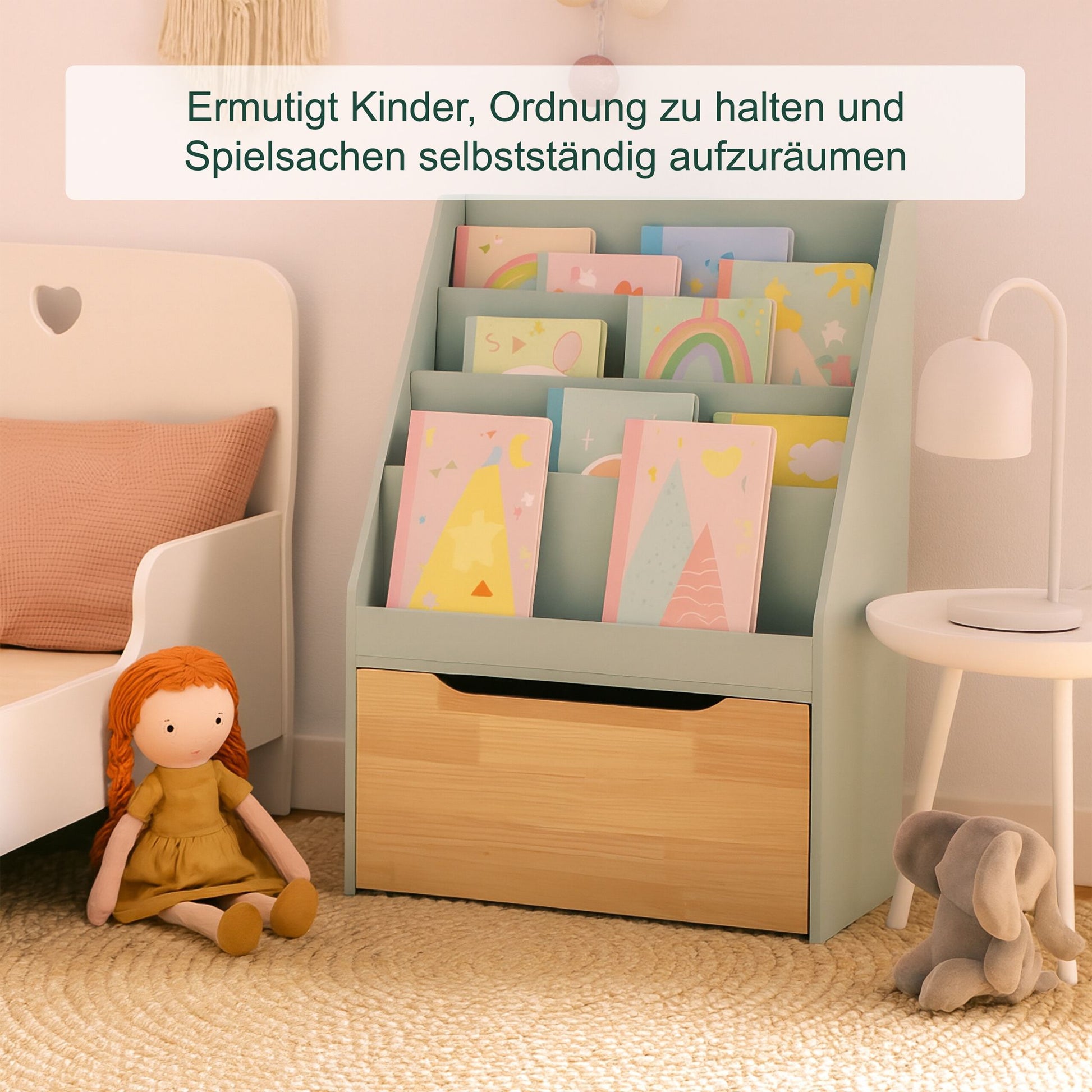 Bücherregal Kinder mit Spielzeugkiste Hellbraun-Türkis von guteszeug.ch