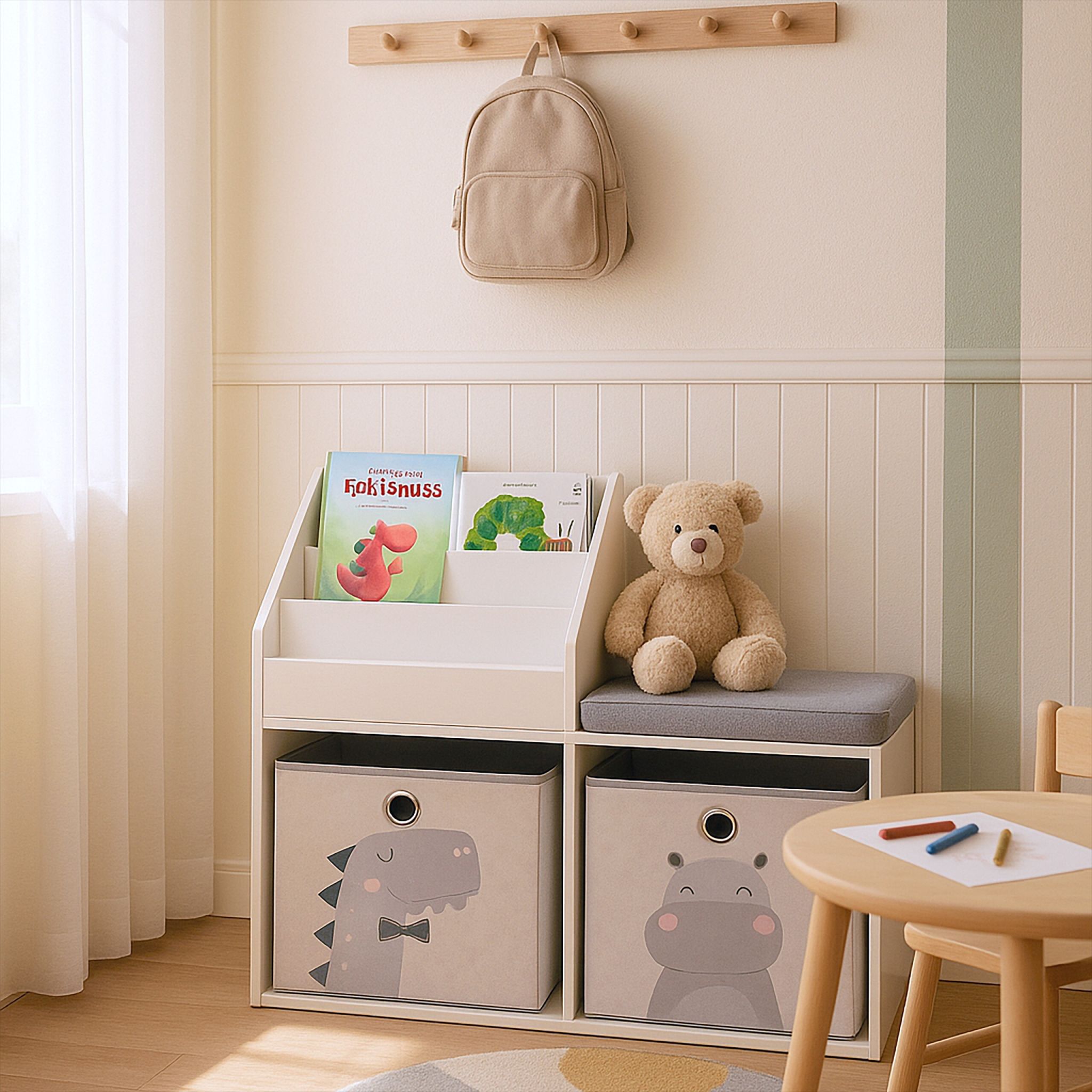 Kinderbank mit Bücherregal Weiss-Grau