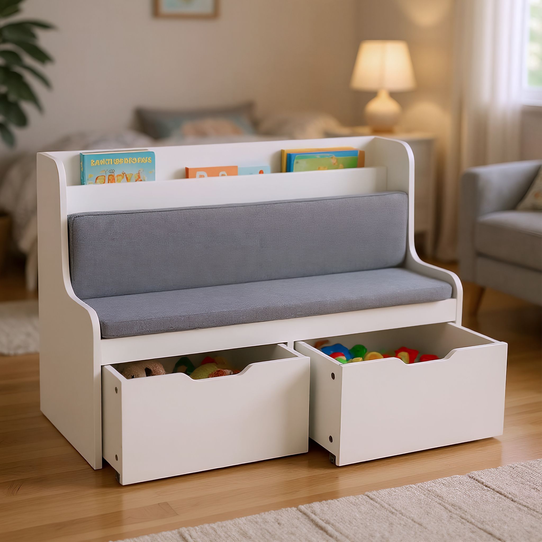 Kinderbank mit 2 Schubladen Weiss-Grau von Relaxdays