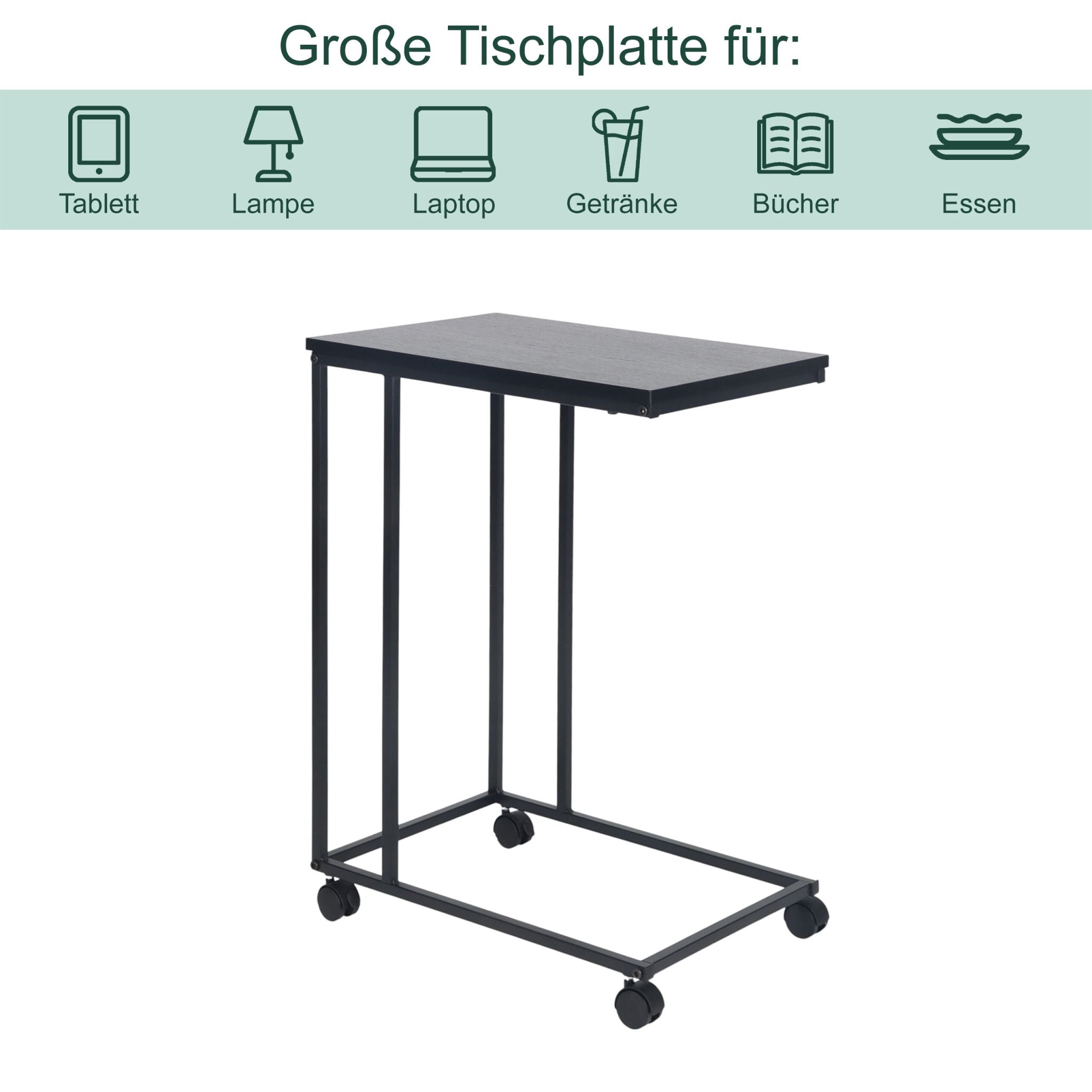 Beistelltisch mit Rollen C-Form Schwarz von Relaxdays