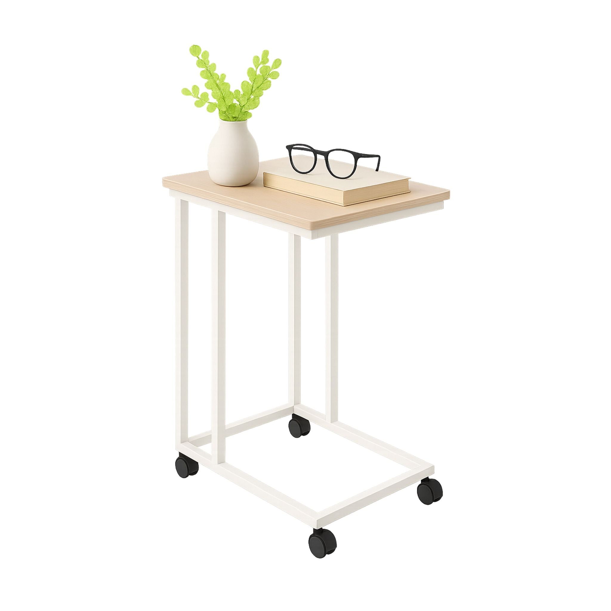 Beistelltisch mit Rollen C-Form Weiss-Hellbraun von Relaxdays