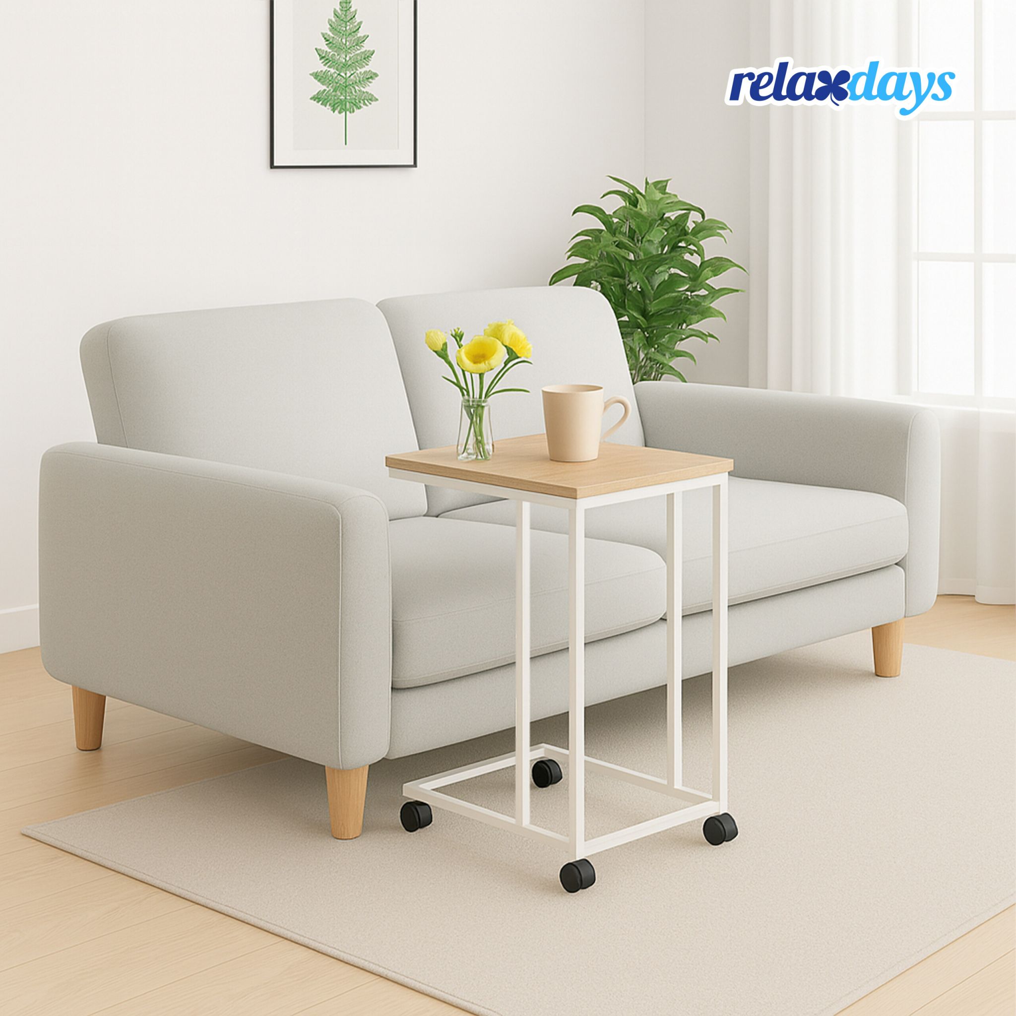 Beistelltisch mit Rollen C-Form Weiss-Hellbraun von Relaxdays