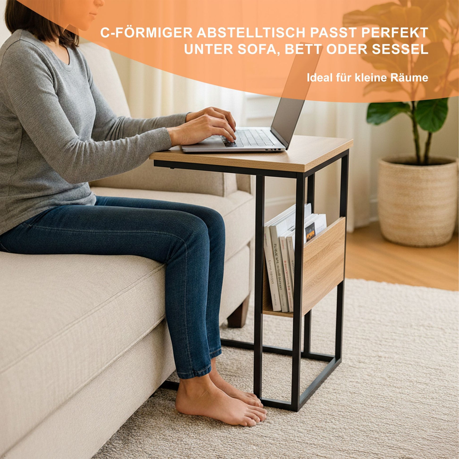 Beistelltisch mit Ablage und Fach Hellbraun-Schwarz von Relaxdays