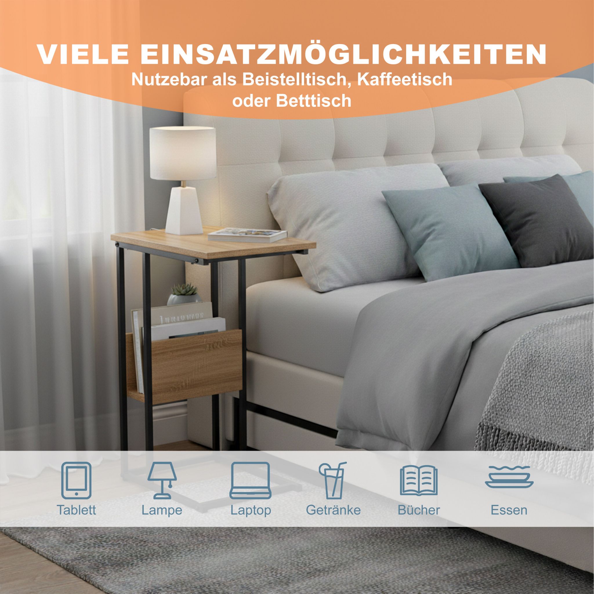 Beistelltisch mit Ablage und Fach Hellbraun-Schwarz von Relaxdays