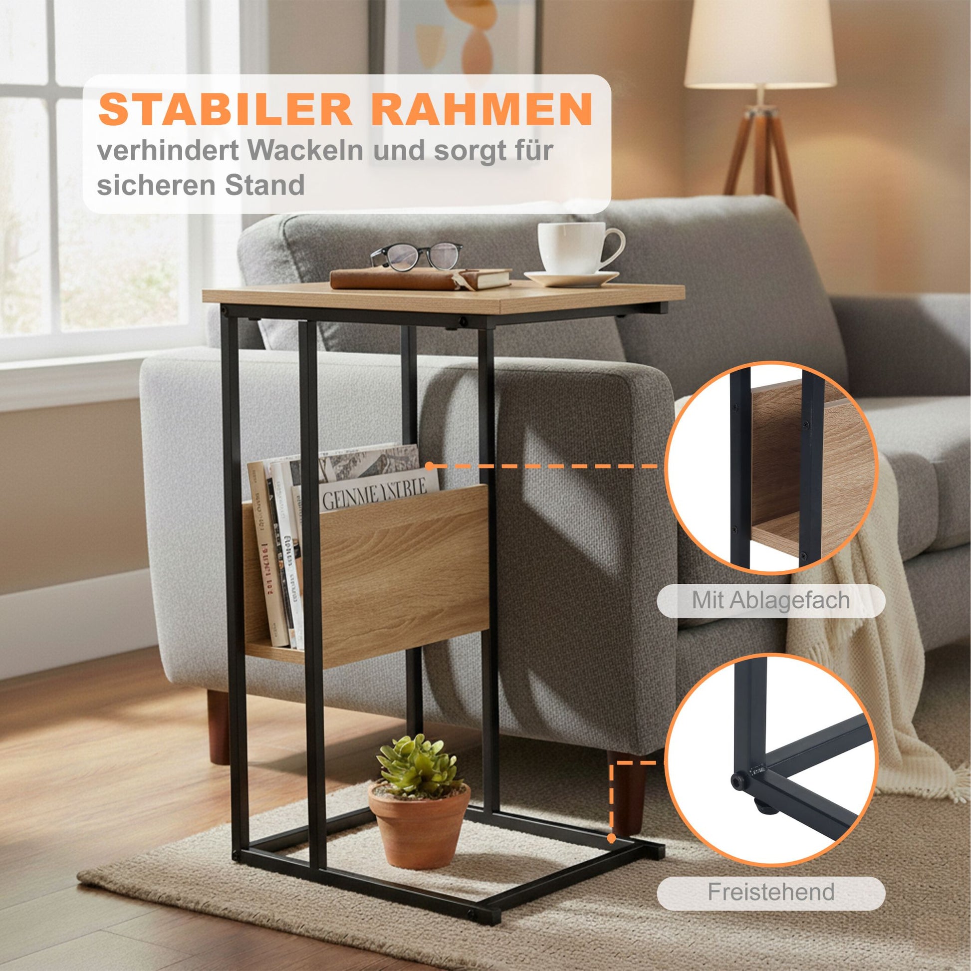 Beistelltisch mit Ablage und Fach Hellbraun-Schwarz von Relaxdays