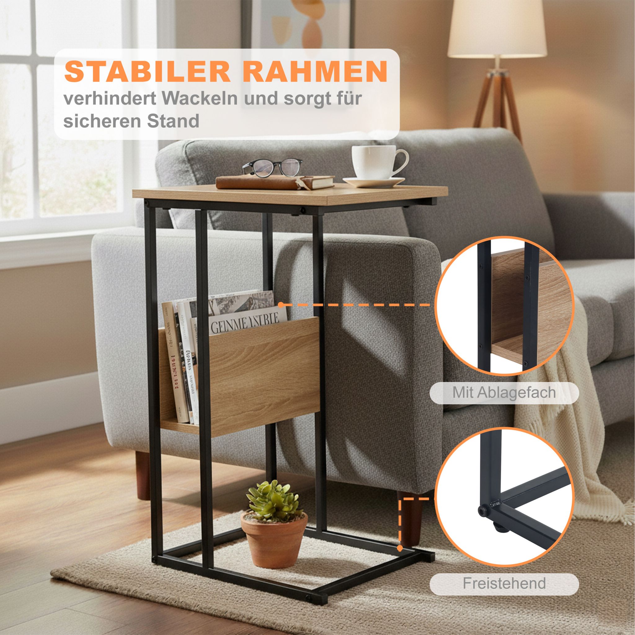 Beistelltisch mit Ablage und Fach Hellbraun-Schwarz von Relaxdays