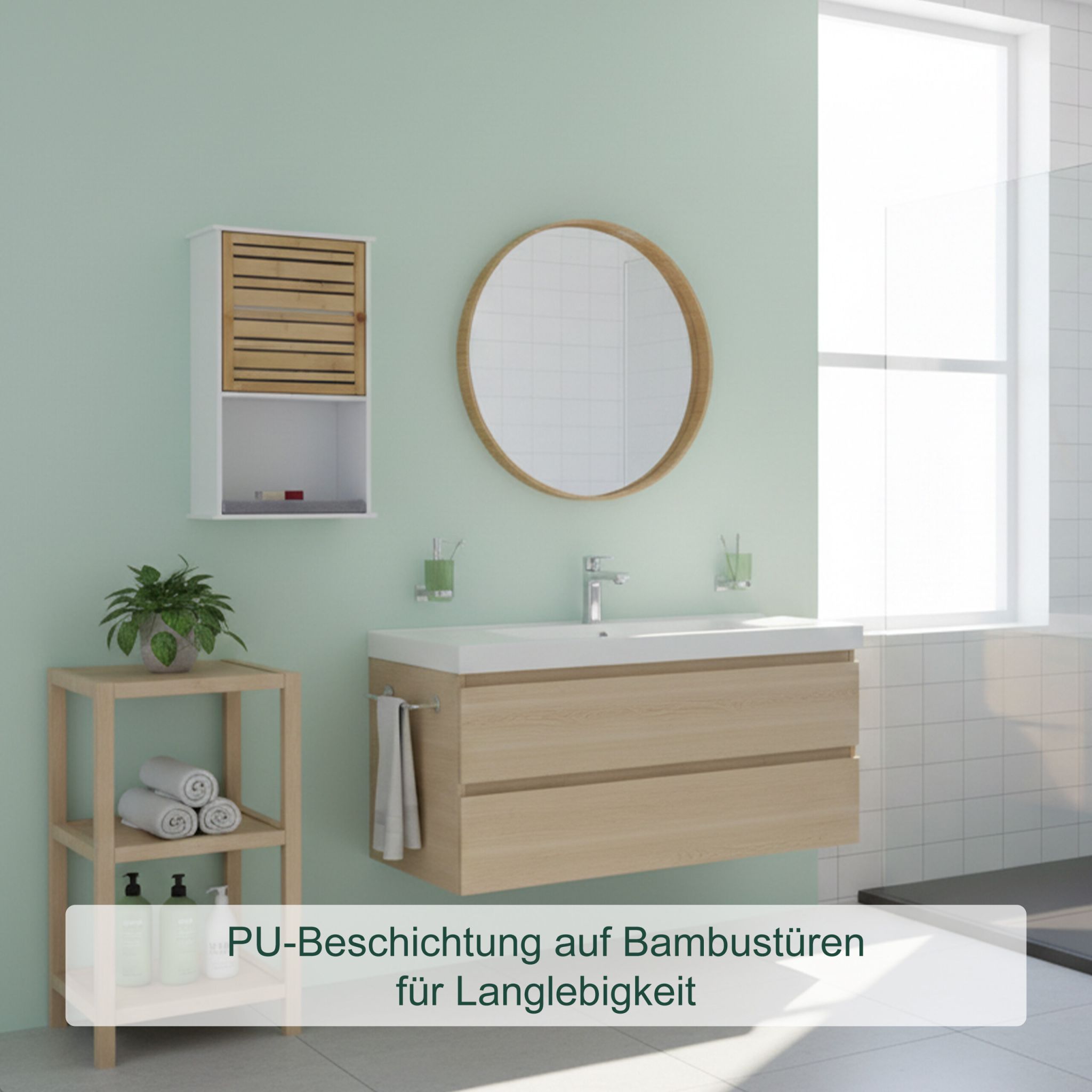 Hängeschrank Bad mit Bambustür Weiss-Hellbraun von Relaxdays