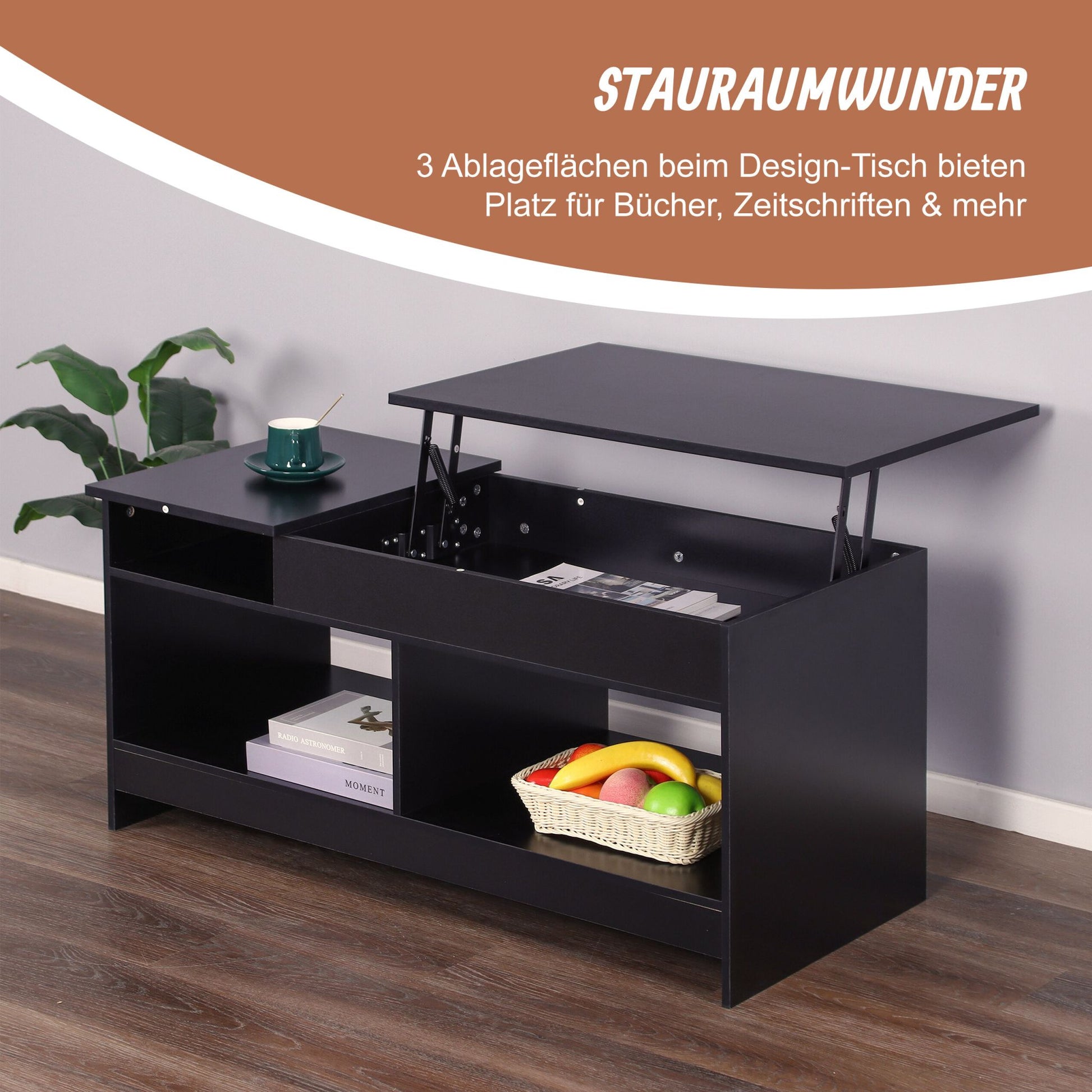 Aufklappbarer Couchtisch Schwarz von Relaxdays