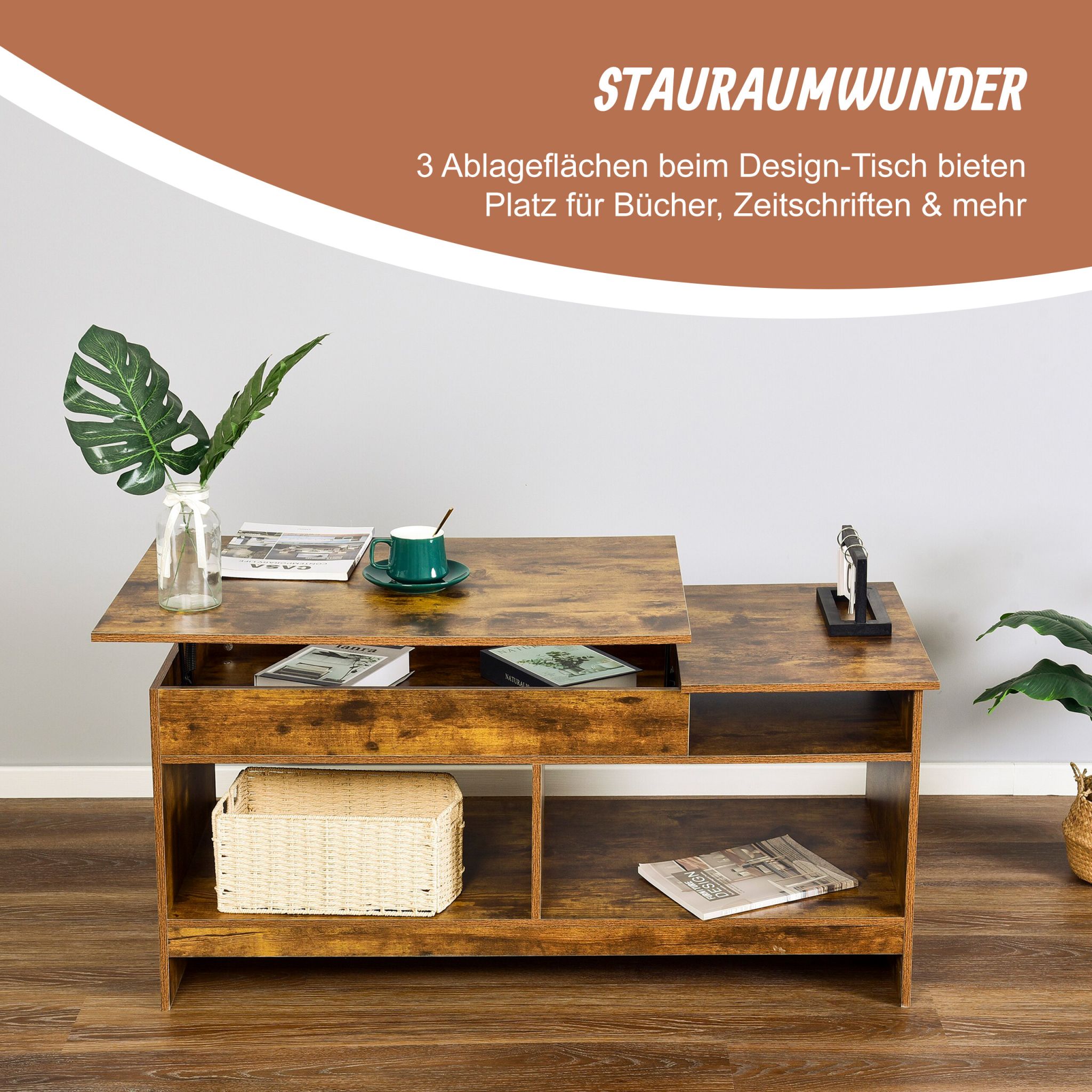 Aufklappbarer Couchtisch Braun von Relaxdays