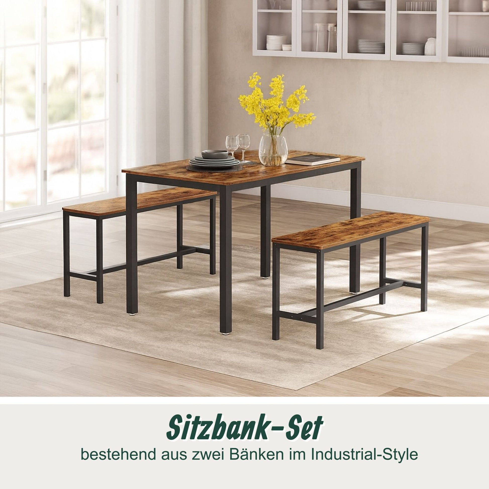 Sitzbank Esszimmer 2er-Set Industrial Dunkelbraun-Schwarz von Relaxdays