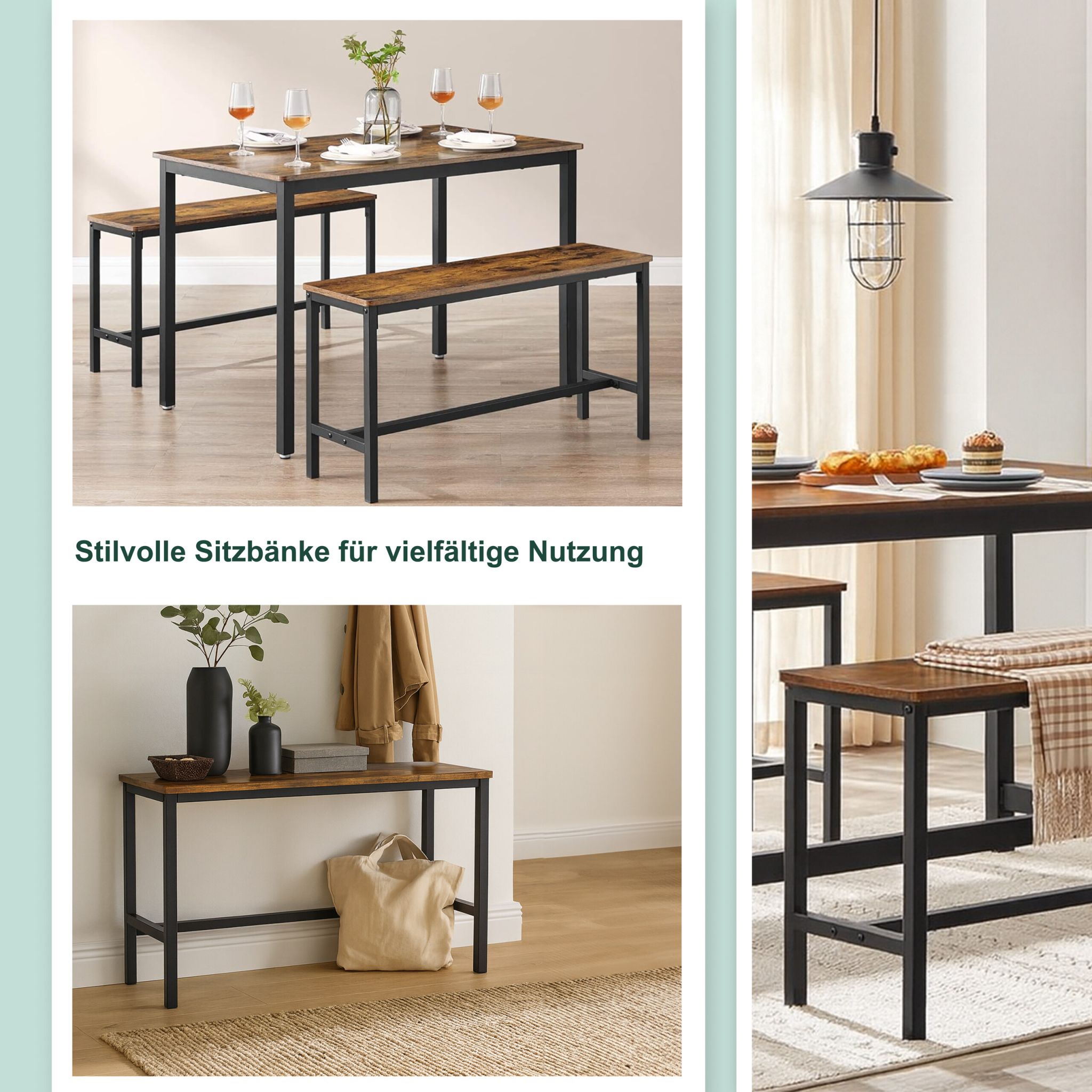 Sitzbank Esszimmer 2er-Set Industrial Dunkelbraun-Schwarz von Relaxdays