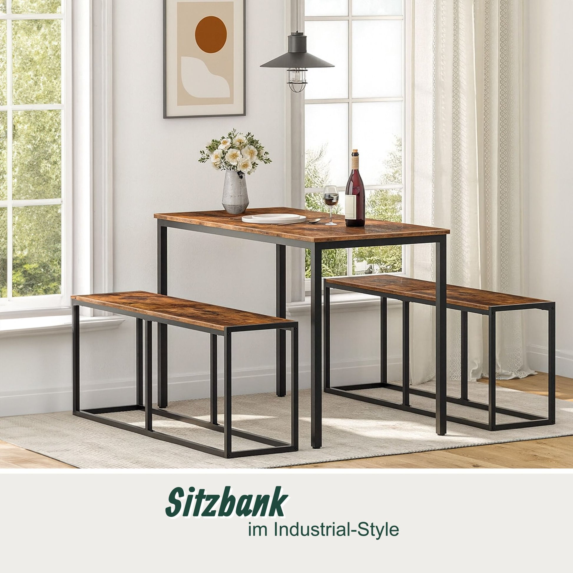 Sitzbank Esszimmer Industrial 120cm Dunkelbraun-Schwarz von Relaxdays