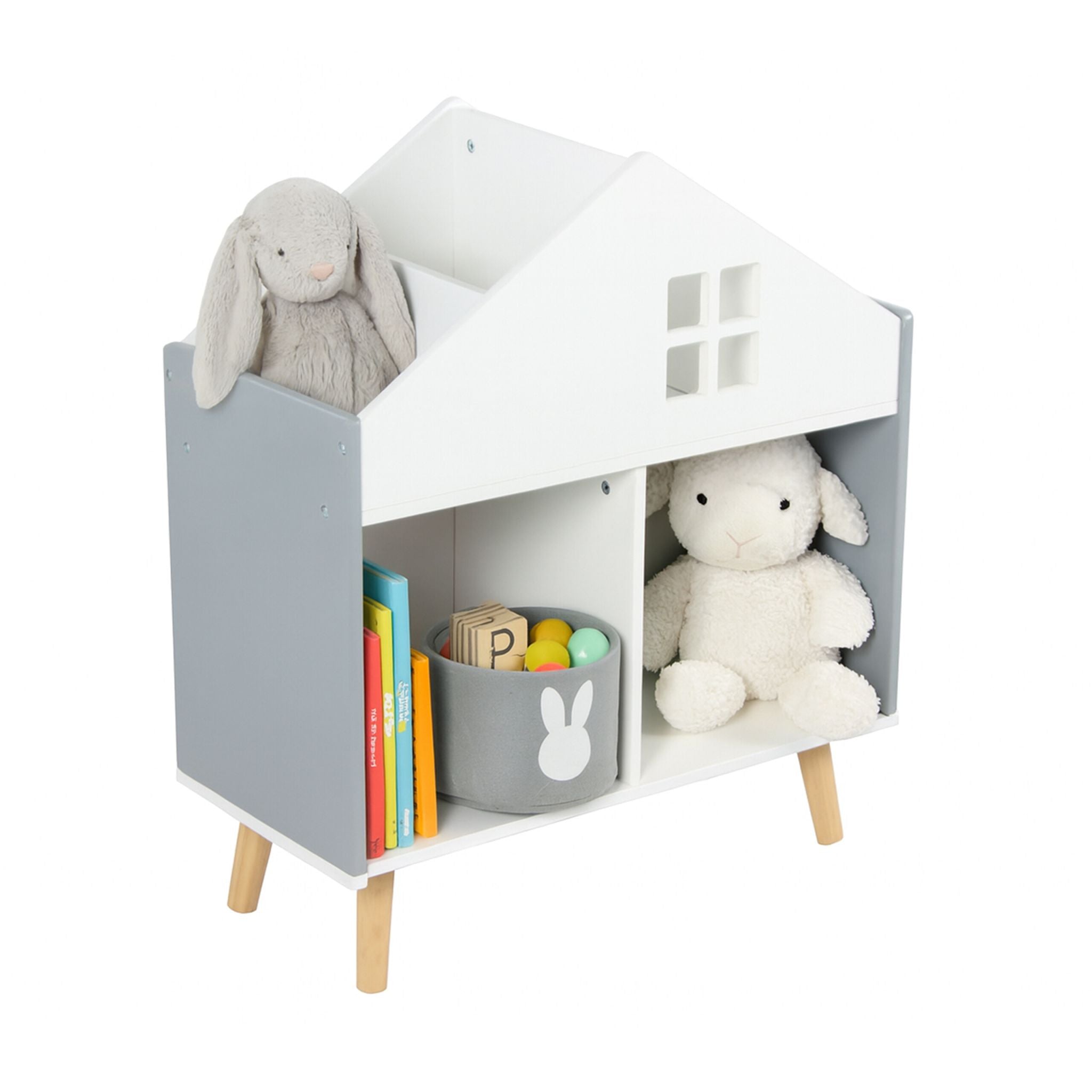 Kinderregal in Hausform Weiss-Hellbraun-Grau von Relaxdays