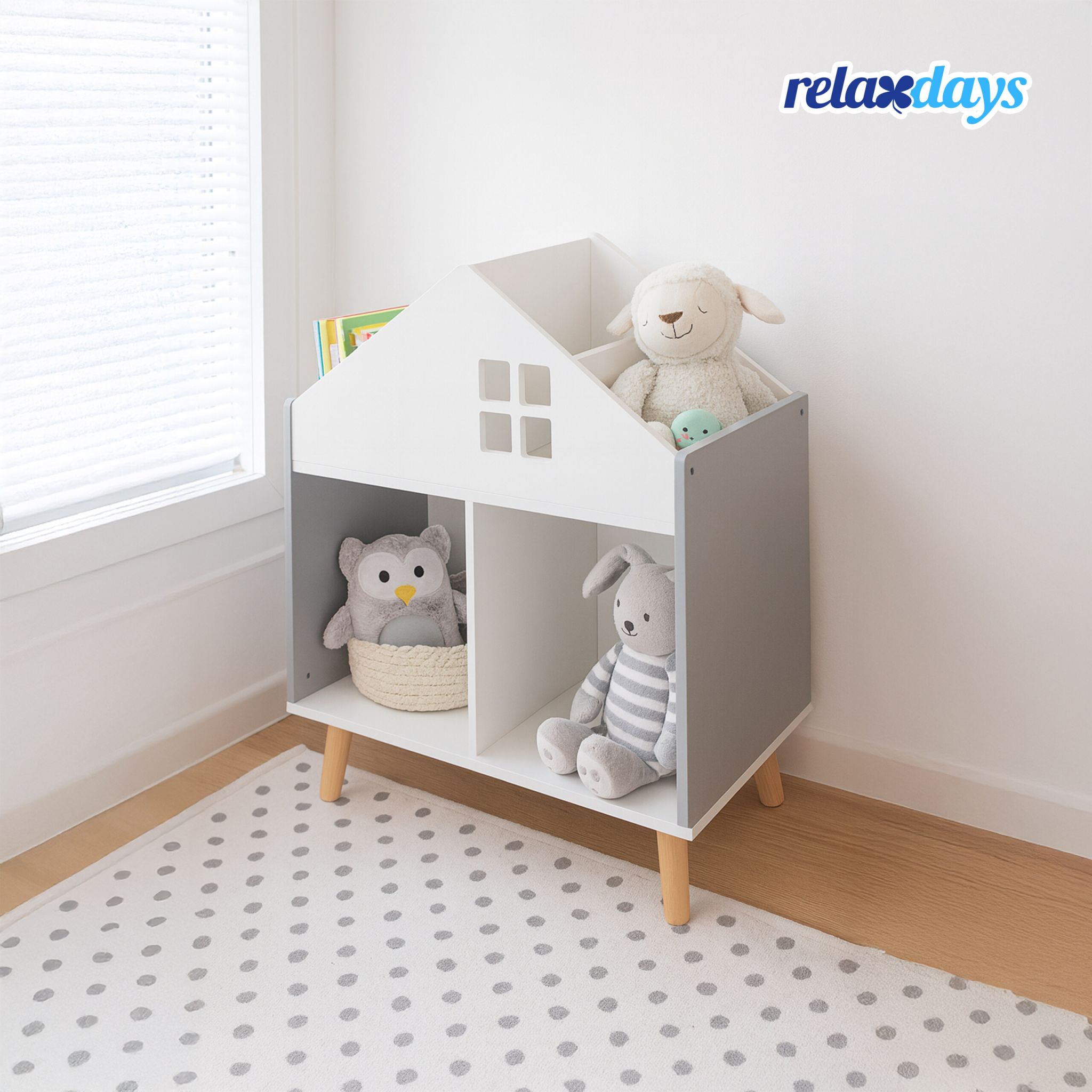 Kinderregal in Hausform Weiss-Hellbraun-Grau von Relaxdays
