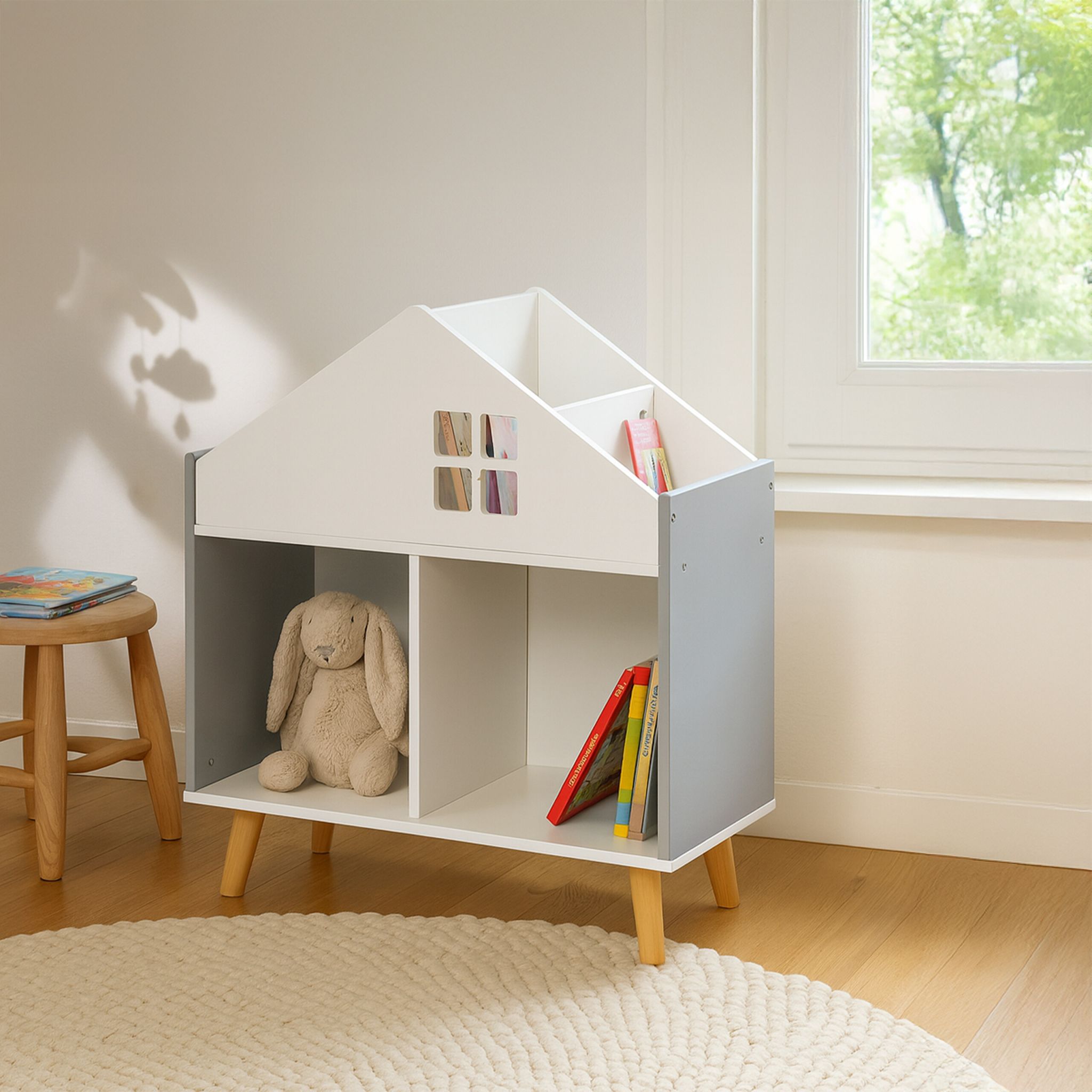 Kinderregal in Hausform Weiss-Hellbraun-Grau von Relaxdays