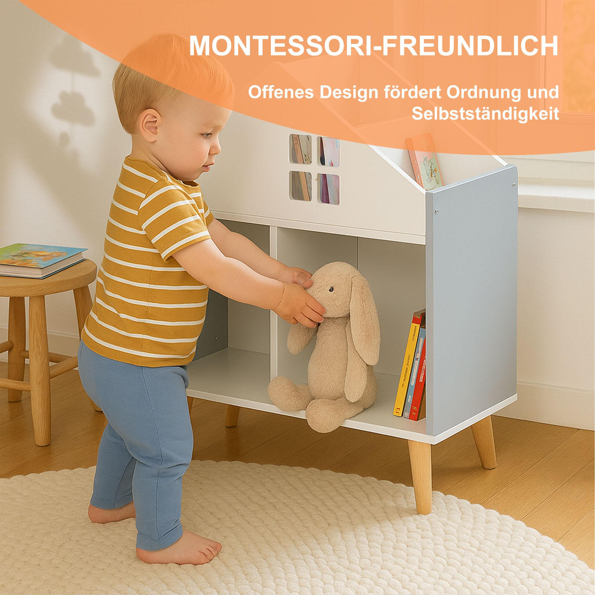 Kinderregal in Hausform Weiss-Hellbraun-Grau von Relaxdays