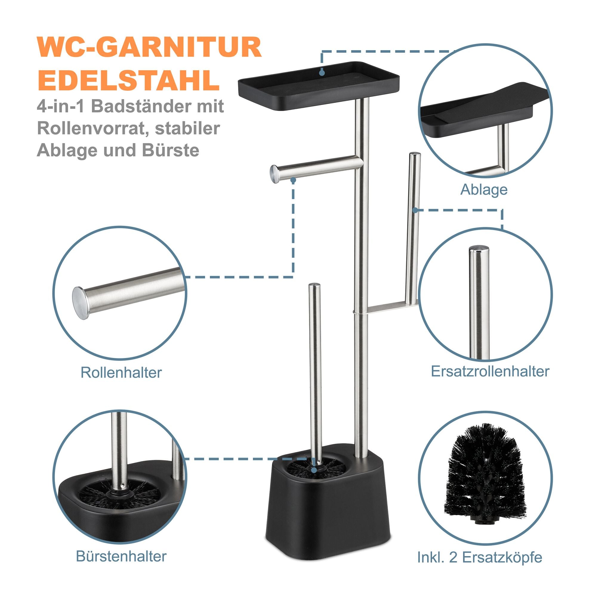 WC Garnitur mit Ablage Schwarz-Silber