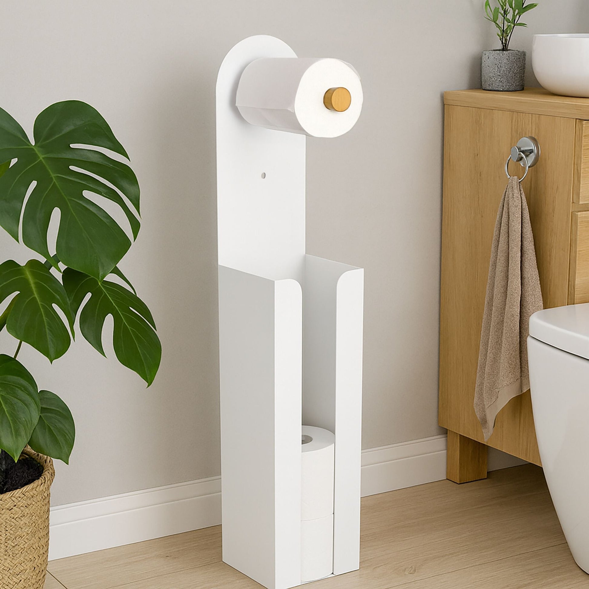 Toilettenpapierhalter freistehend 2 in 1 Weiss-Hellbraun von Relaxdays