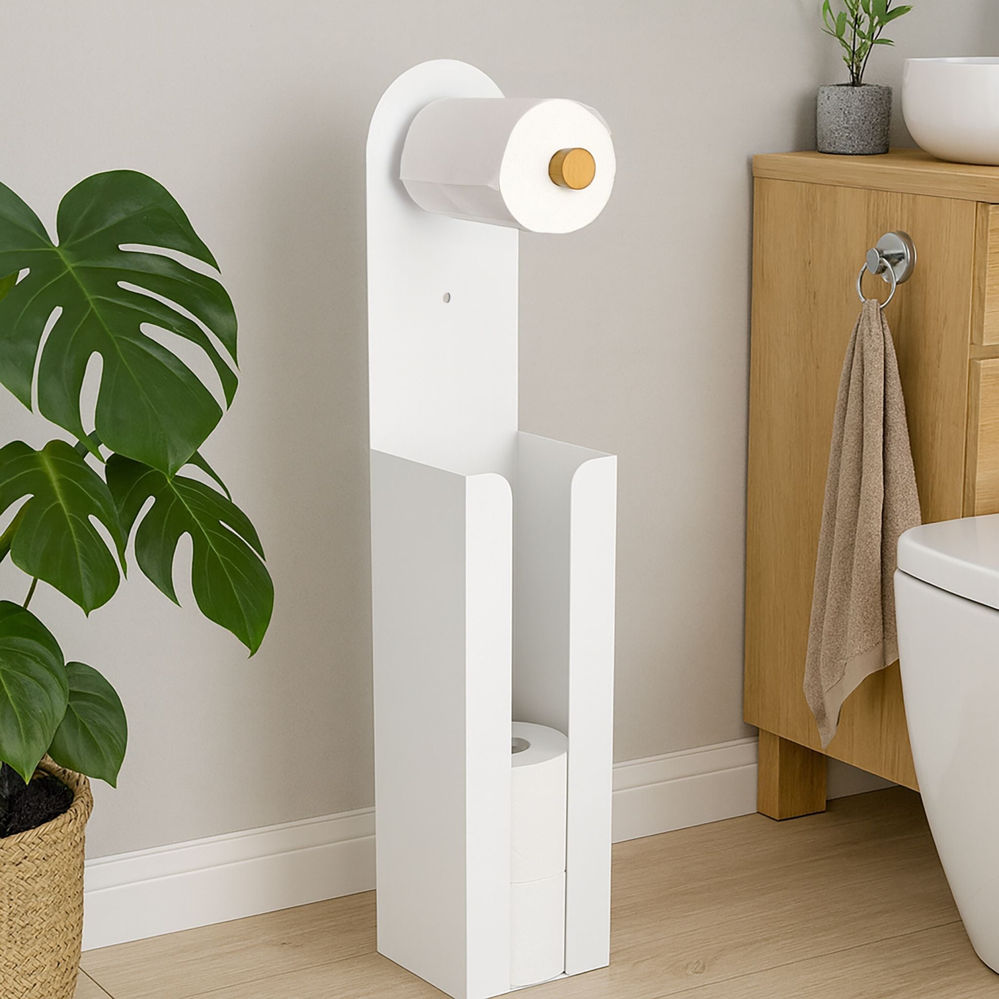 Toilettenpapierhalter freistehend 2 in 1 Weiss-Hellbraun von Relaxdays